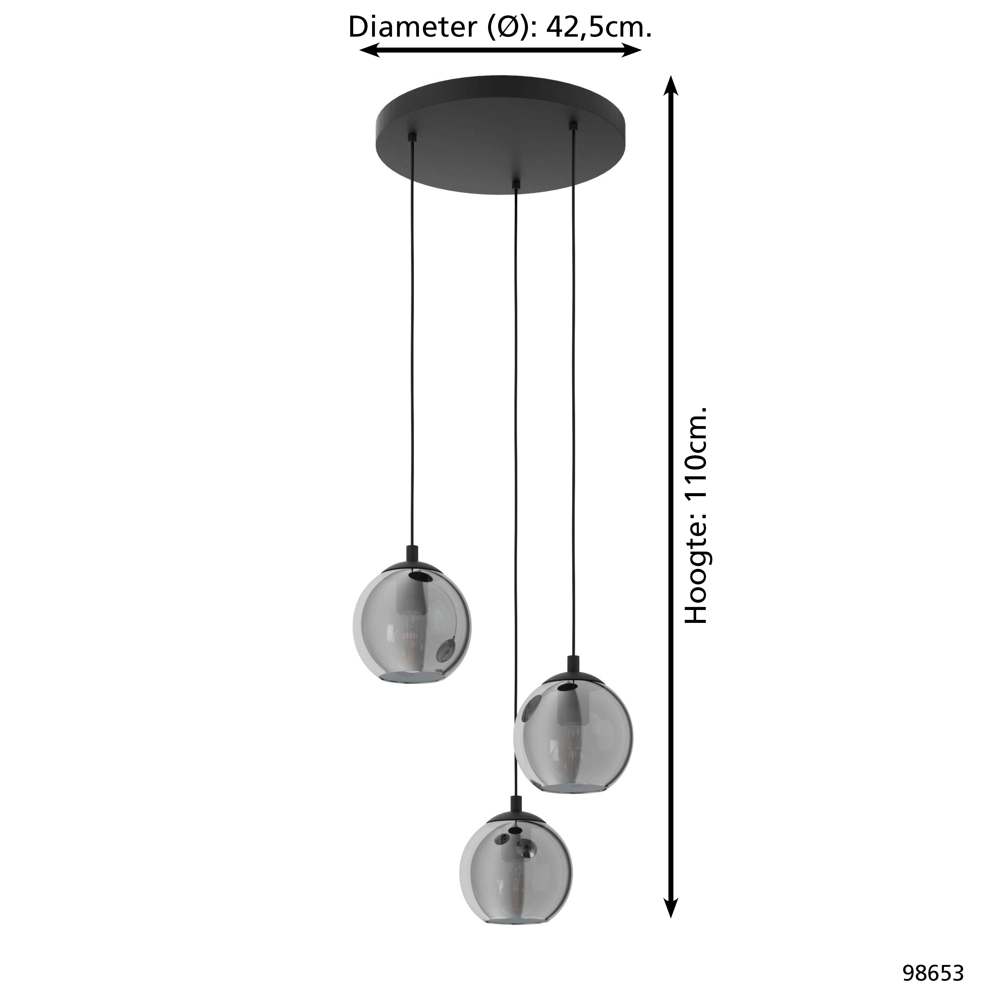 Lampadario da soffitto nero con tre paralumi a sospensione in vetro.