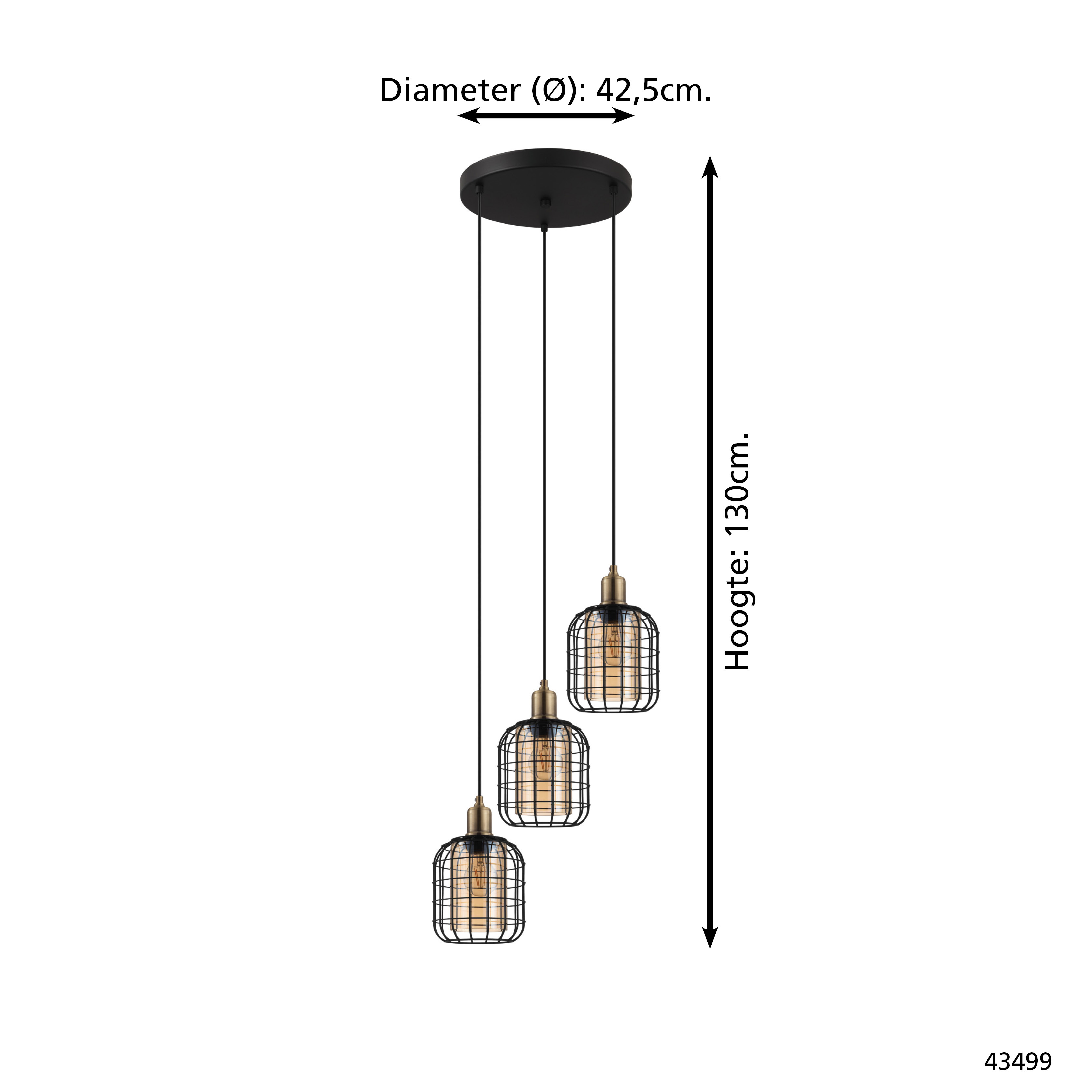 Lampada a sospensione nera con tre paralumi a gabbia e lampadine.