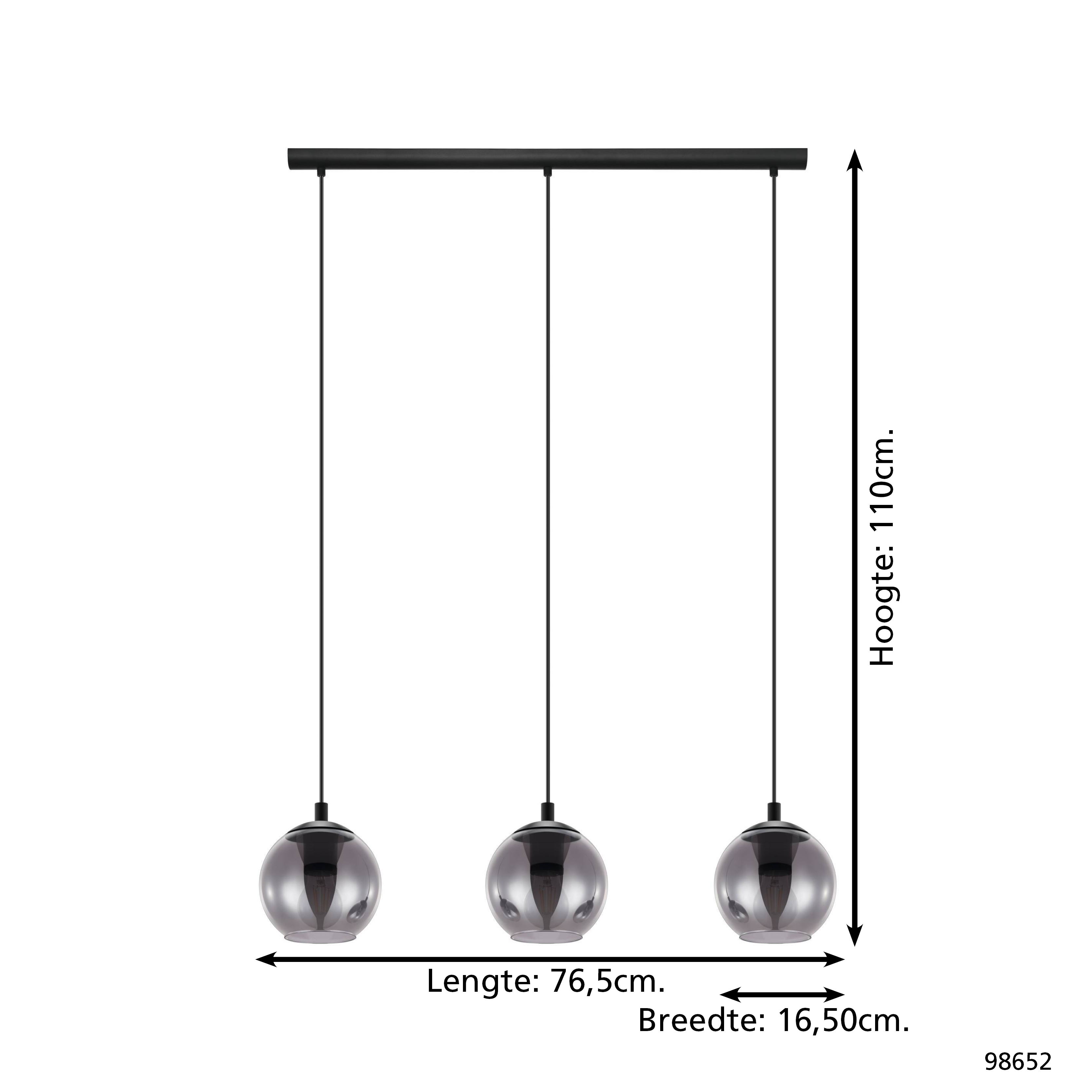Una lampada a sospensione con tre globi in vetro fumé su una barra nera.