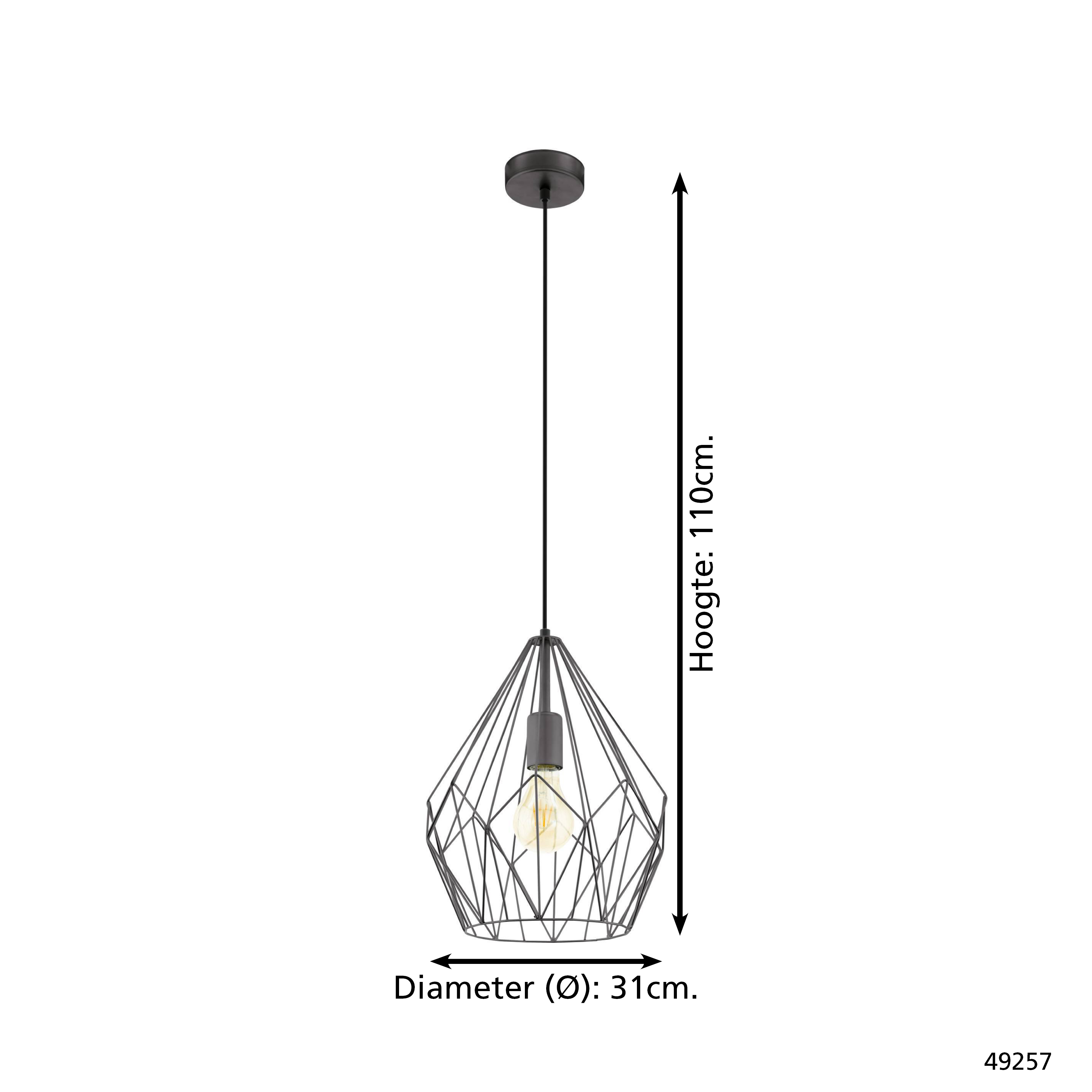 Schwarze Pendelleuchte mit geometrischem Drahtkäfig, 110cm hoch, 31cm Durchmesser.