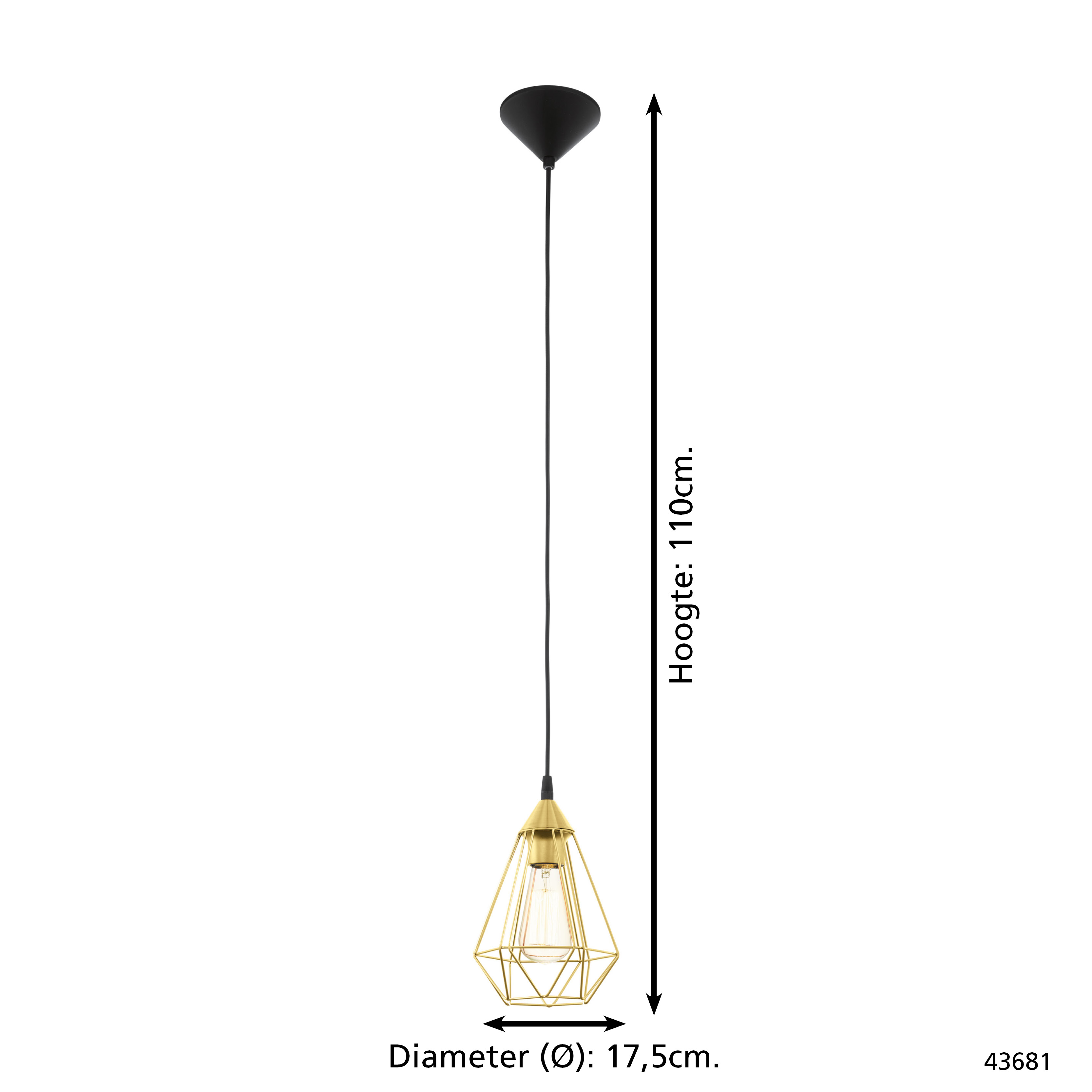 Eine goldene Käfig-Pendelleuchte mit einer Glühbirne. Höhe 110cm.