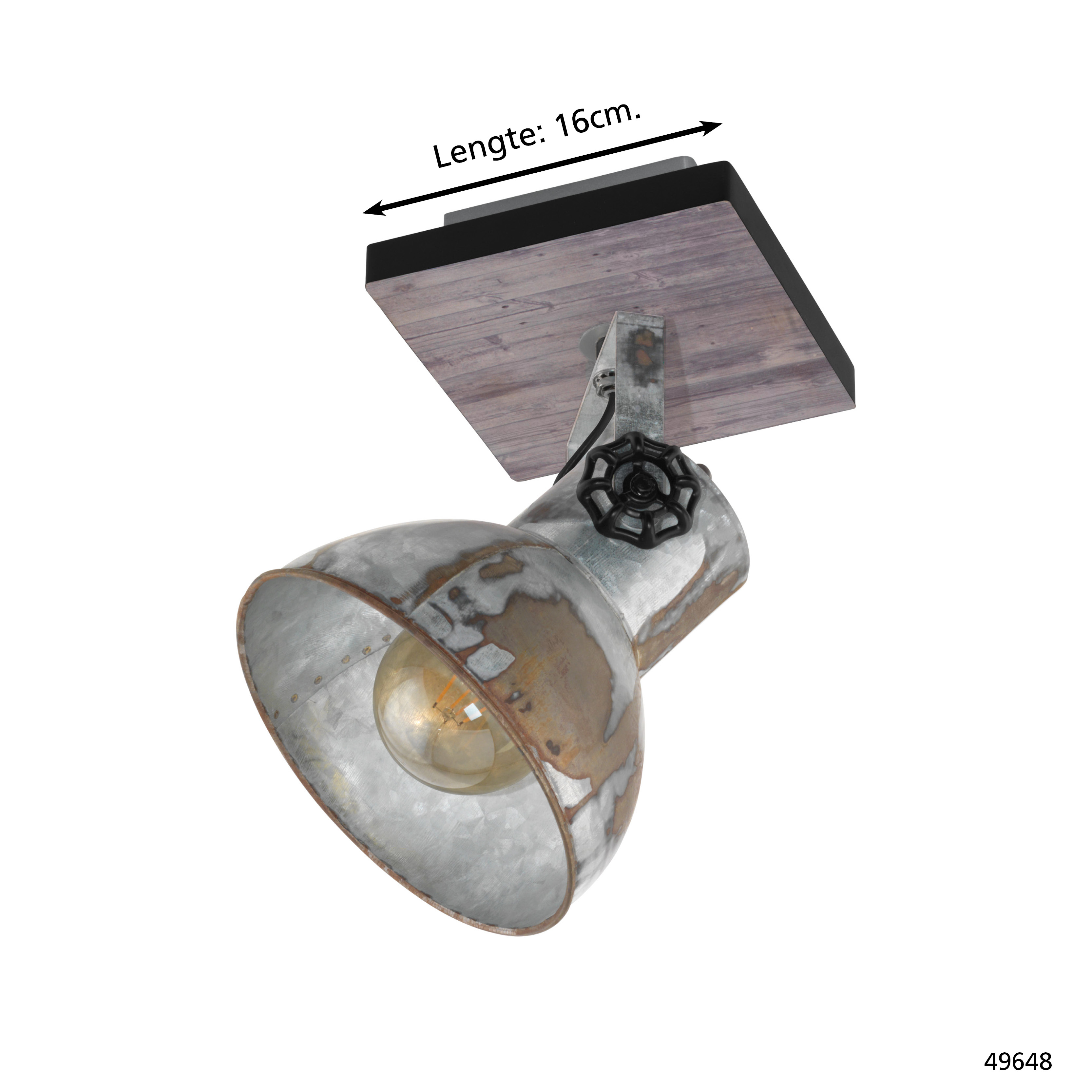 Industrielle Lampe mit Holzdekor-Basis und verrostetem Metallschirm.