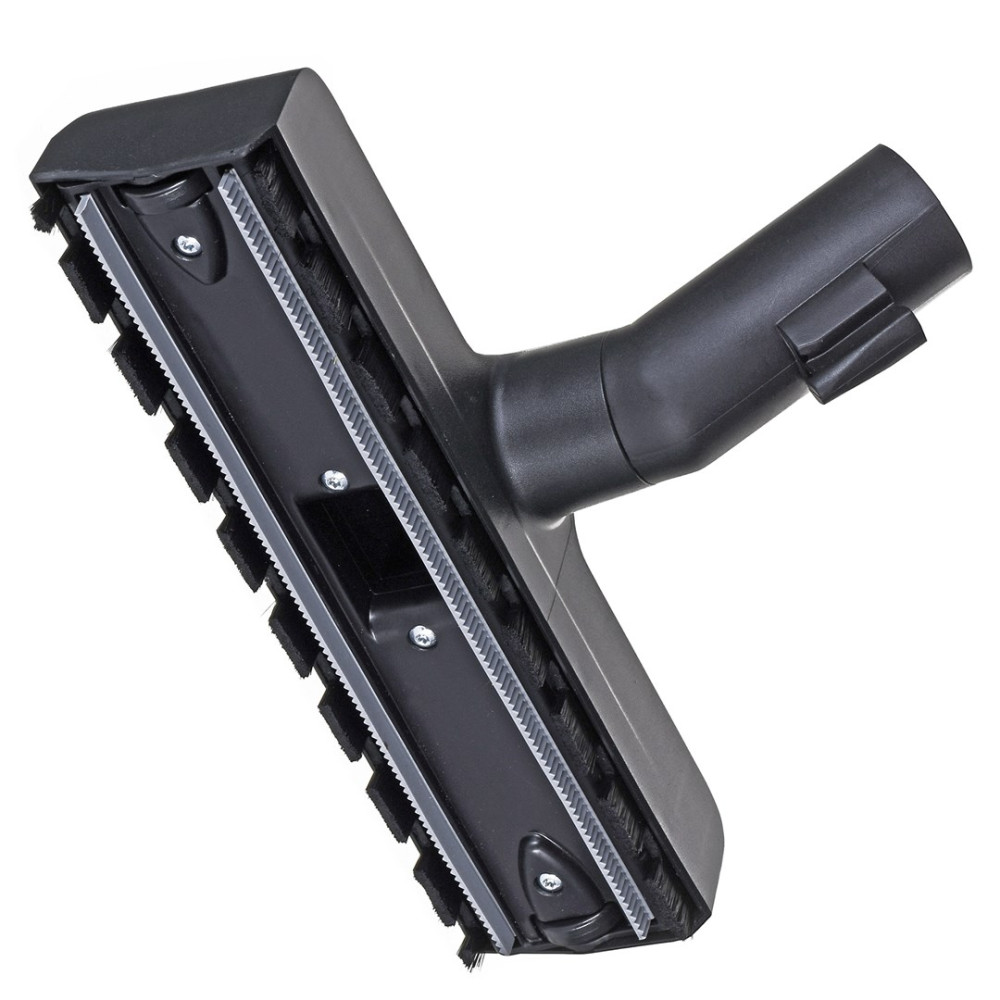 Czarna dysza odkurzacza z szczotkami i gumowymi wypustkami, na białym tle.