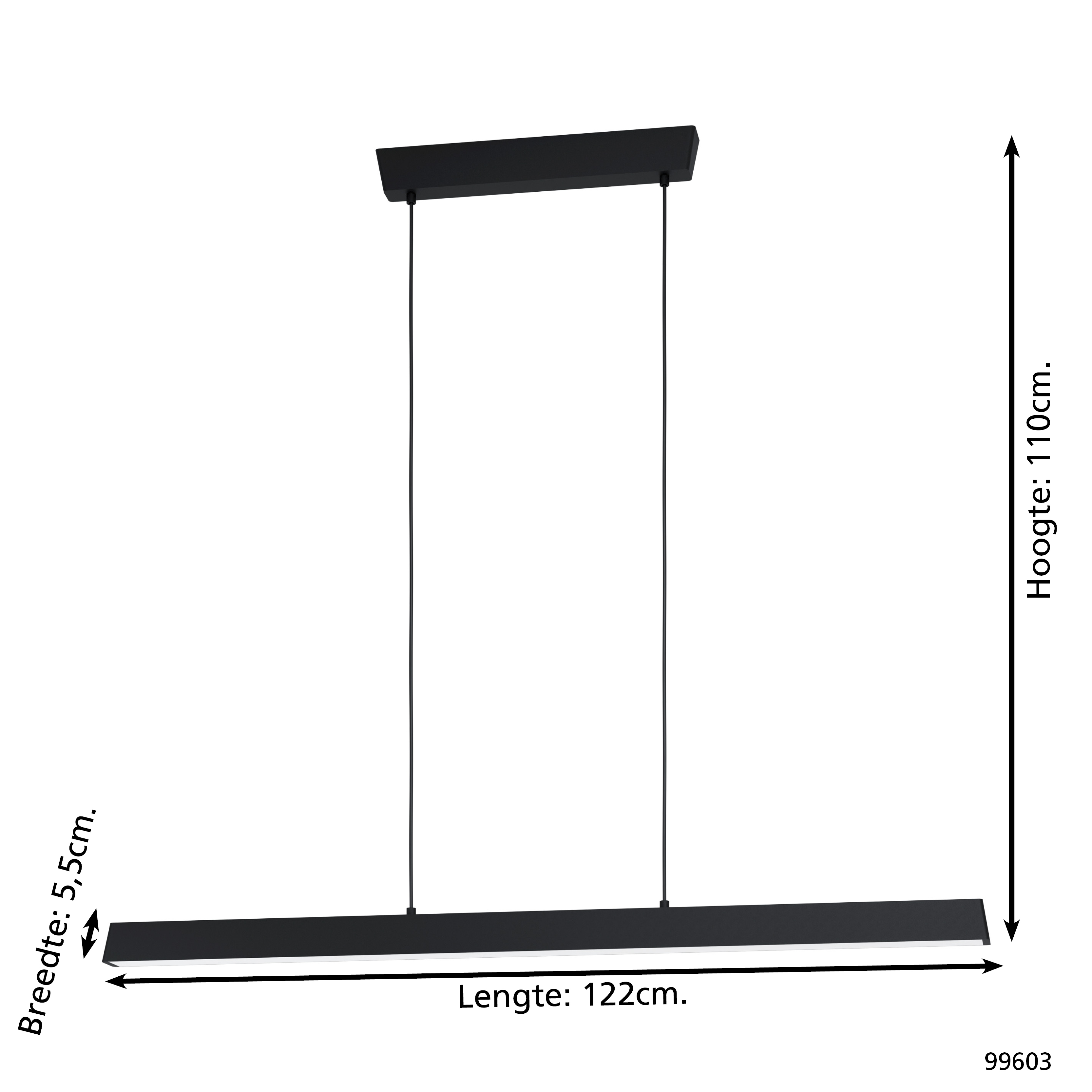 Schwarzer Balken-Pendelleuchter, 122cm lang, 5,5cm breit, 110cm hoch.