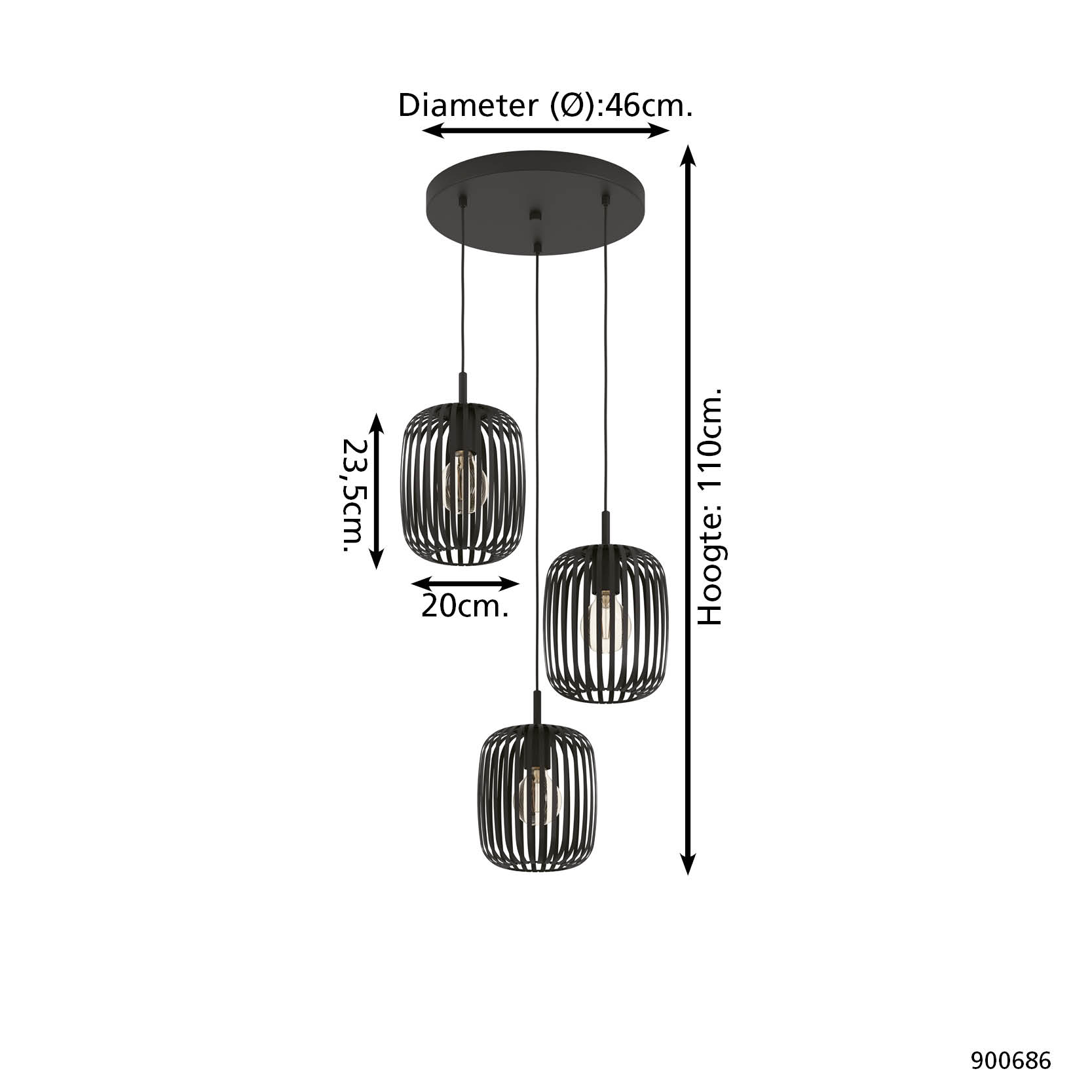Zwarte hanglamp met drie mand-lampenkappen. Diameter 46cm, hoogte 110cm.