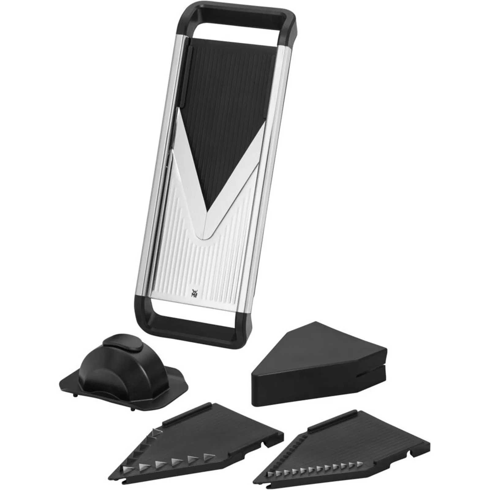 Szatkownica mandolina z metalową ramą, czarnymi wkładkami i akcesoriami.