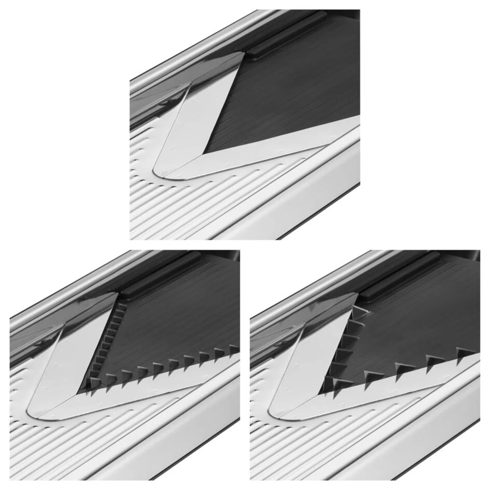 Zbliżenie ostrego, ząbkowanego ostrza mandoliny.