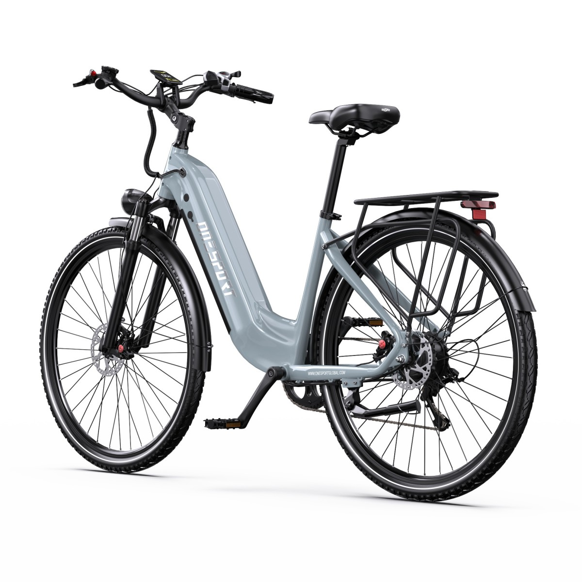 Jasnoszare e-bike z czarnym bagażnikiem, siodełkiem i oponami.