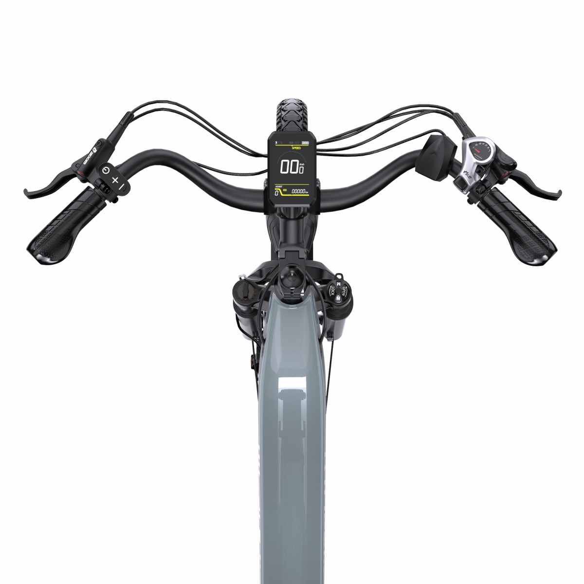Szara kierownica roweru z cyfrowym wyświetlaczem i hamulcami.