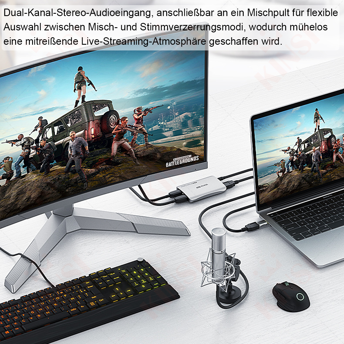Ein Desktop-Setup mit zwei Bildschirmen, Tastatur, Maus, Mikrofon und Splitter.