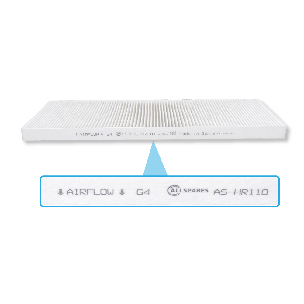 Weißer Auto-Innenraumfilter mit der Aufschrift 'AIRFLOW G4 ALLSPARES AS-HR110'.