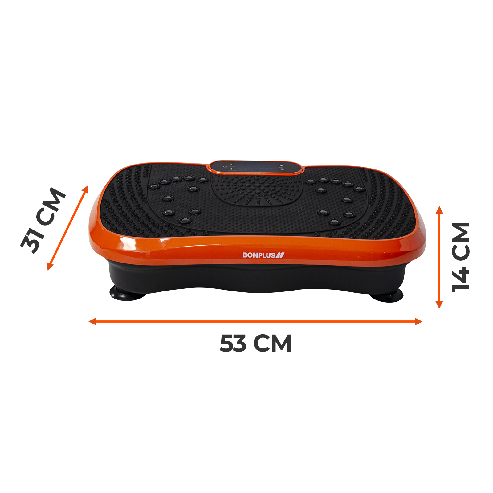 Plataforma vibratoria naranja con protuberancias negras, 53x31x14 cm.