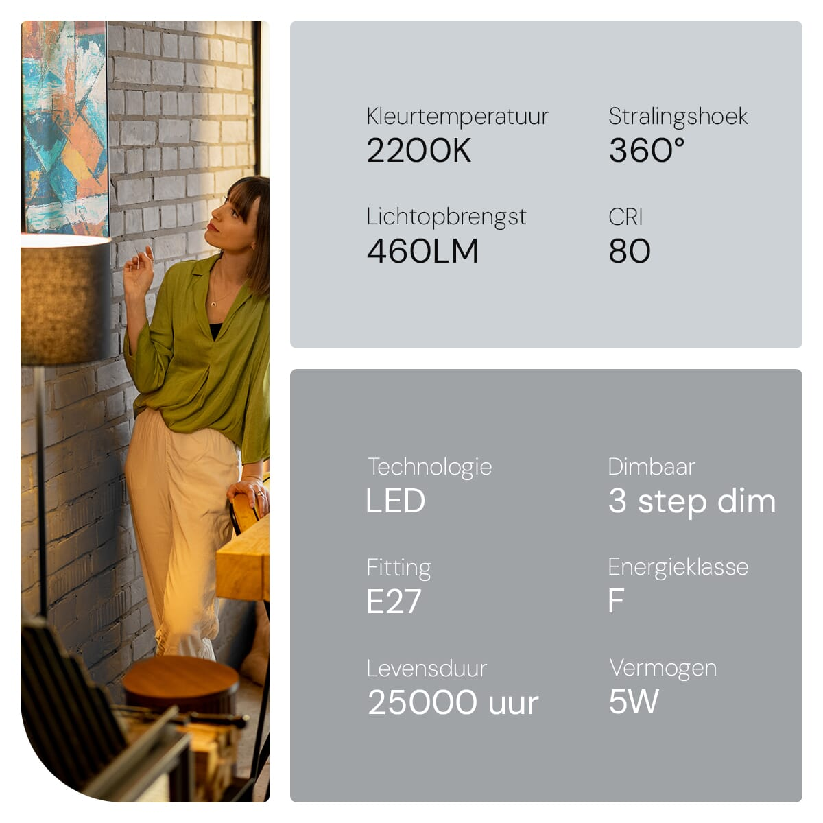 Eine Frau in einem grünen Hemd steht neben einer Stehlampe. Spezifikationen sind aufgeführt.