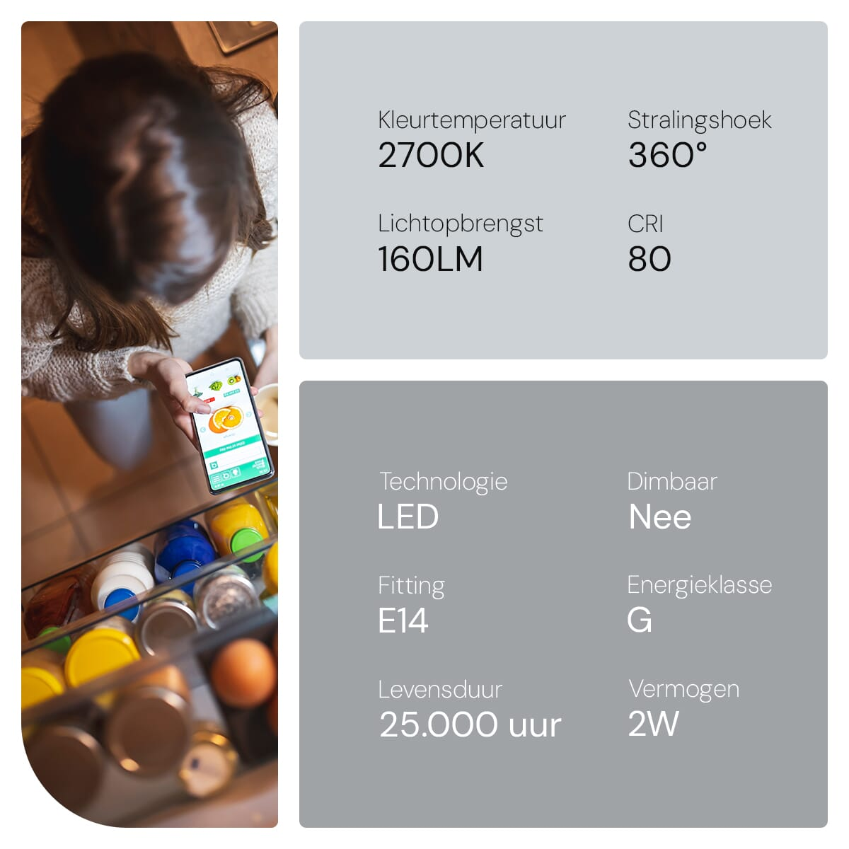 Eine Frau hält ein Smartphone, das technische Daten einer LED-Lampe zeigt.