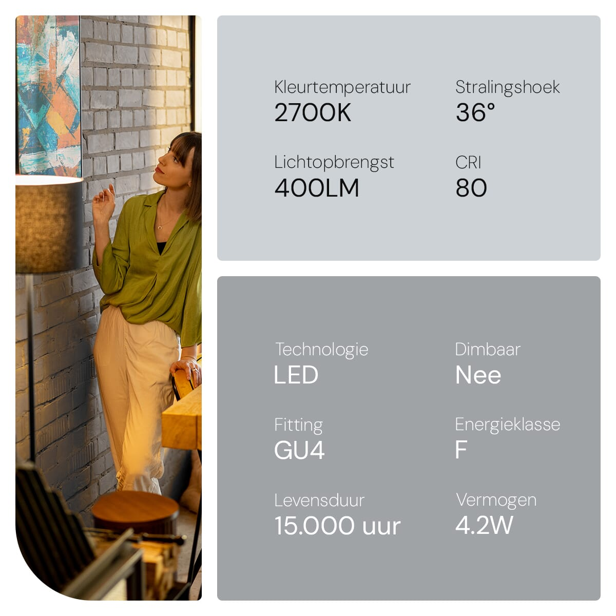 Frau in einem grünen Hemd lehnt an einem Tisch, mit technischen Daten eines Lichts.