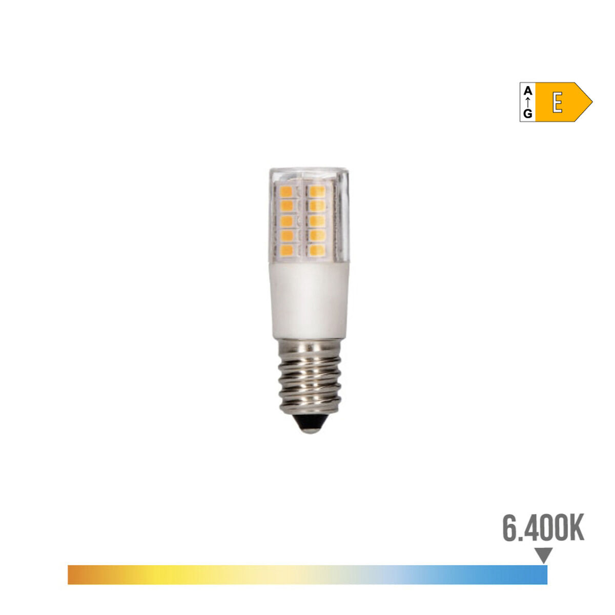 Kompakte LED-Lampe mit E14-Sockel, 6400K Farbtemperatur.