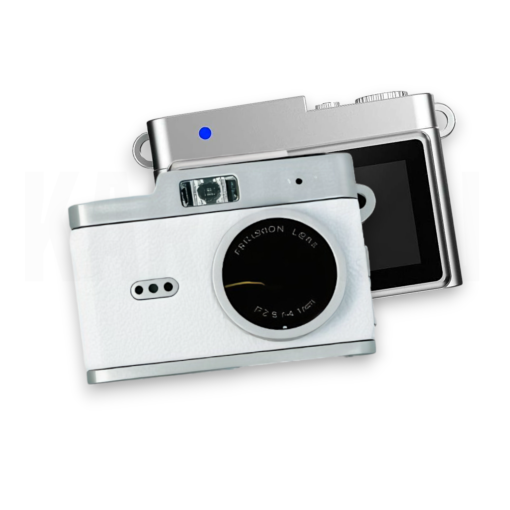 Dos cámaras retro, una blanca y otra plateada, se superponen. Una luz LED azul está encendida.