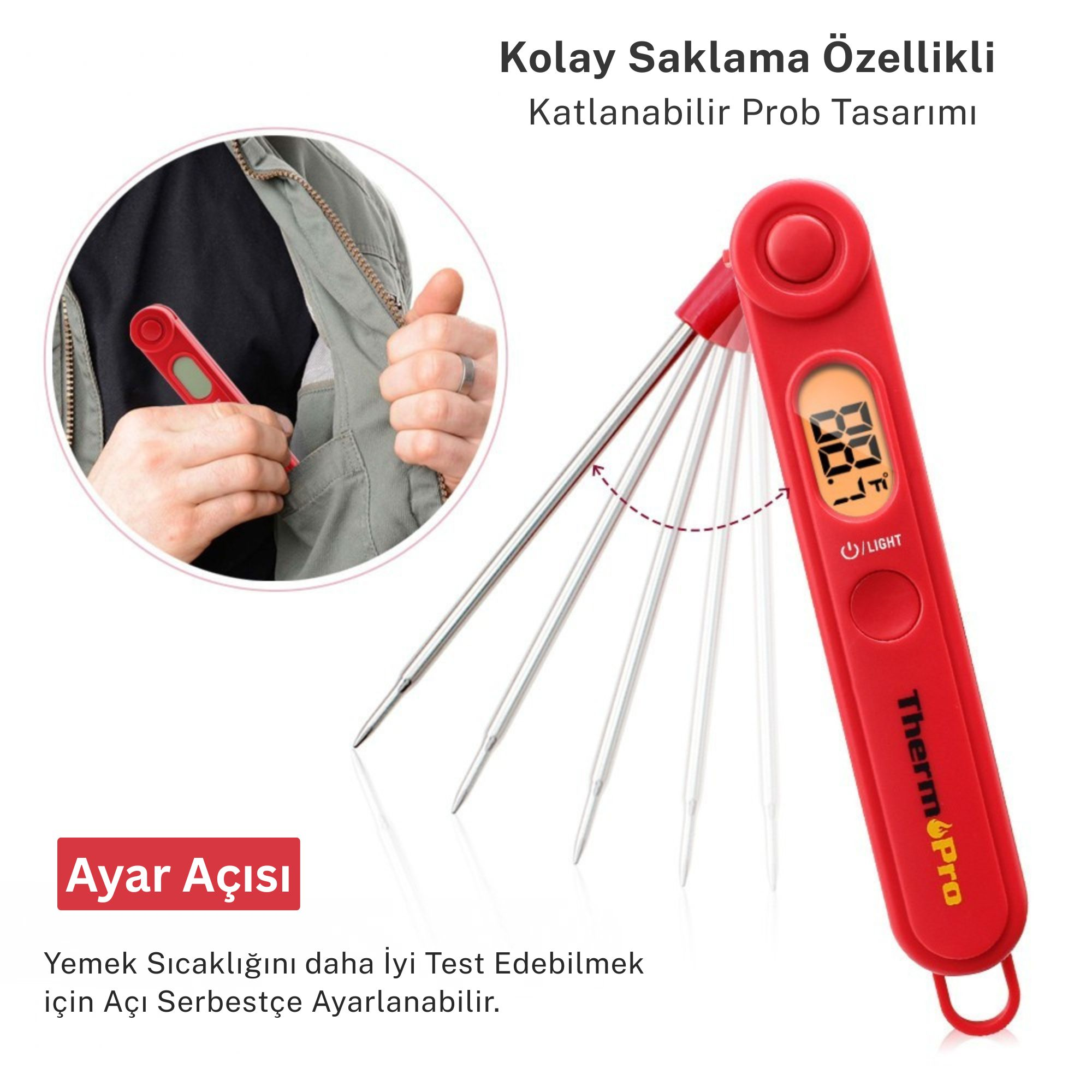 Katlanabilir problu kırmızı dijital termometre. Ekran 88.7F gösteriyor.