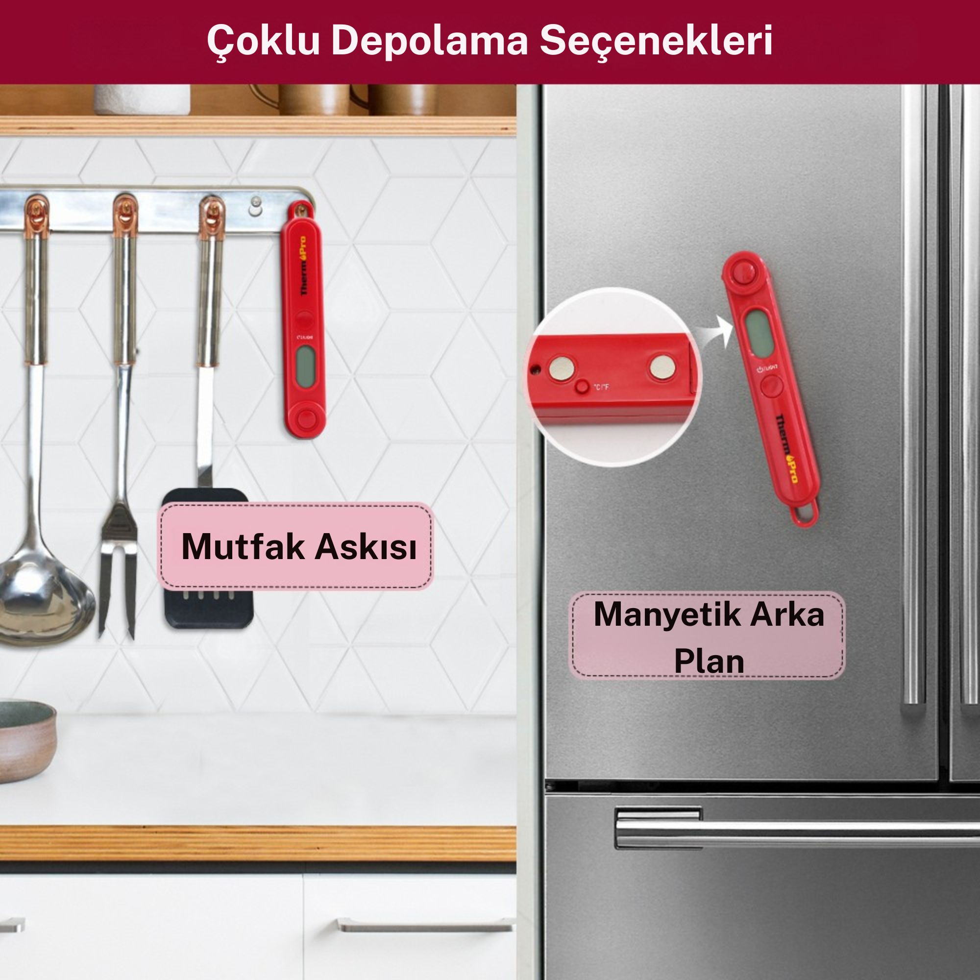 Duvar askısında mutfak gereçleri ve buzdolabında kırmızı termometre.