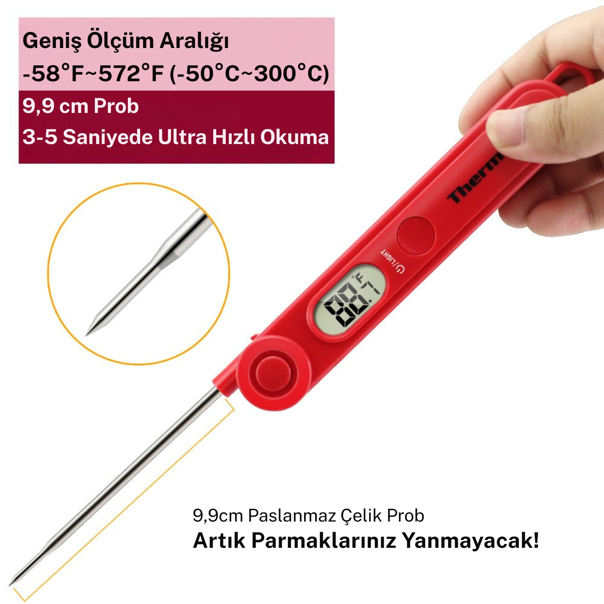 Metal problu kırmızı dijital termometre elde tutuluyor. Ekran 88 gösteriyor.