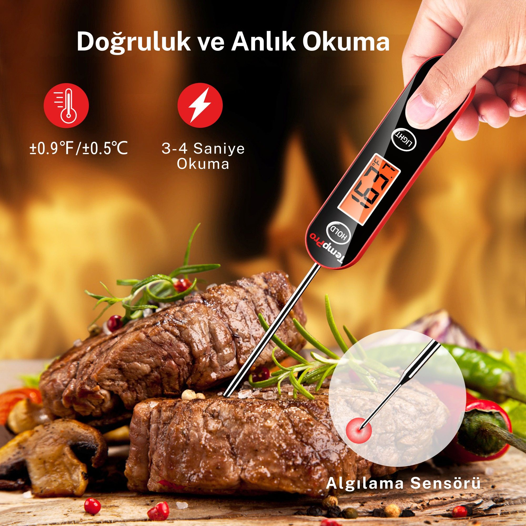 Kırmızı et termometresi ızgara etin sıcaklığını ölçüyor.