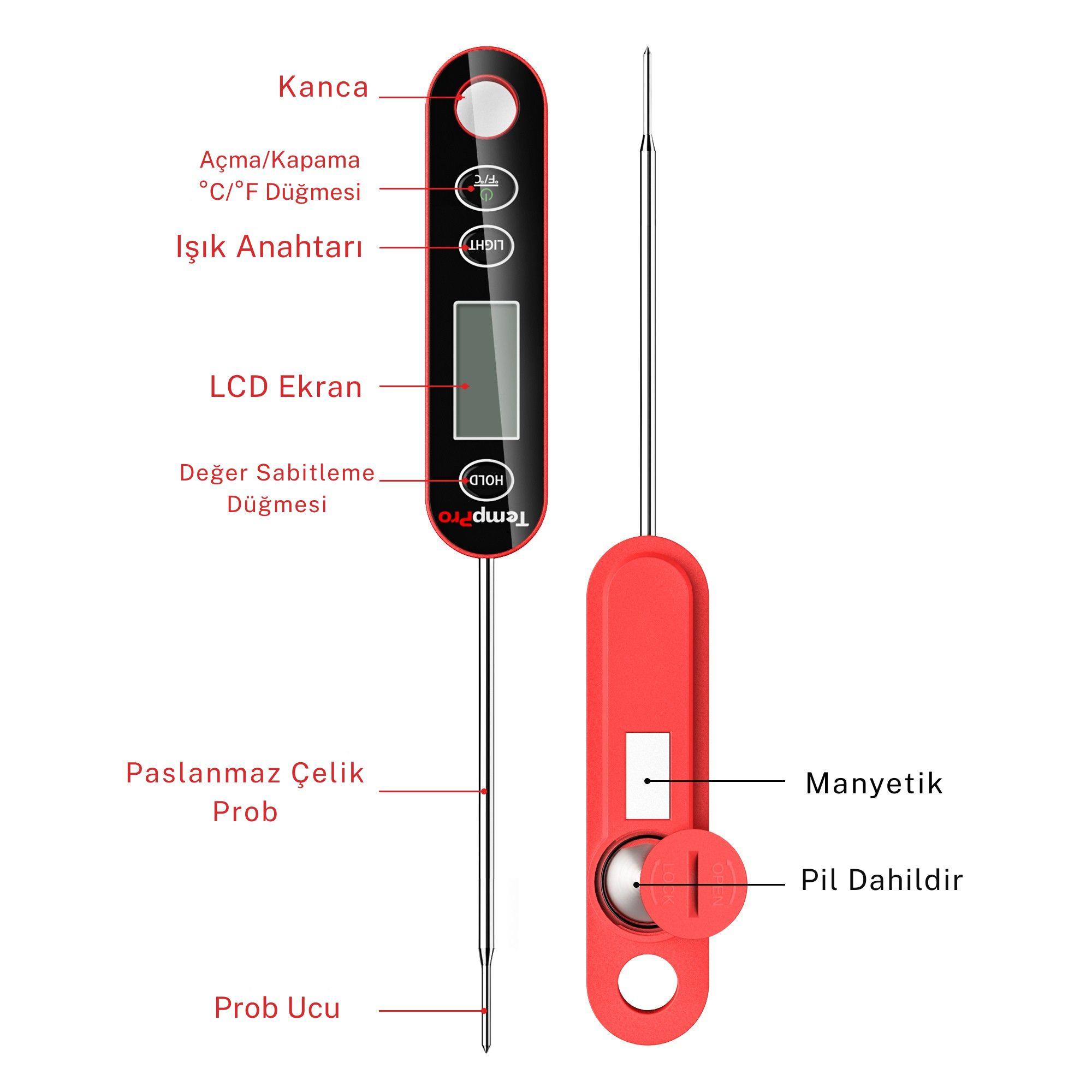 Kırmızı dijital termometre, LCD ekranlı, paslanmaz çelik problu ve mıknatıslı arkalıktır.