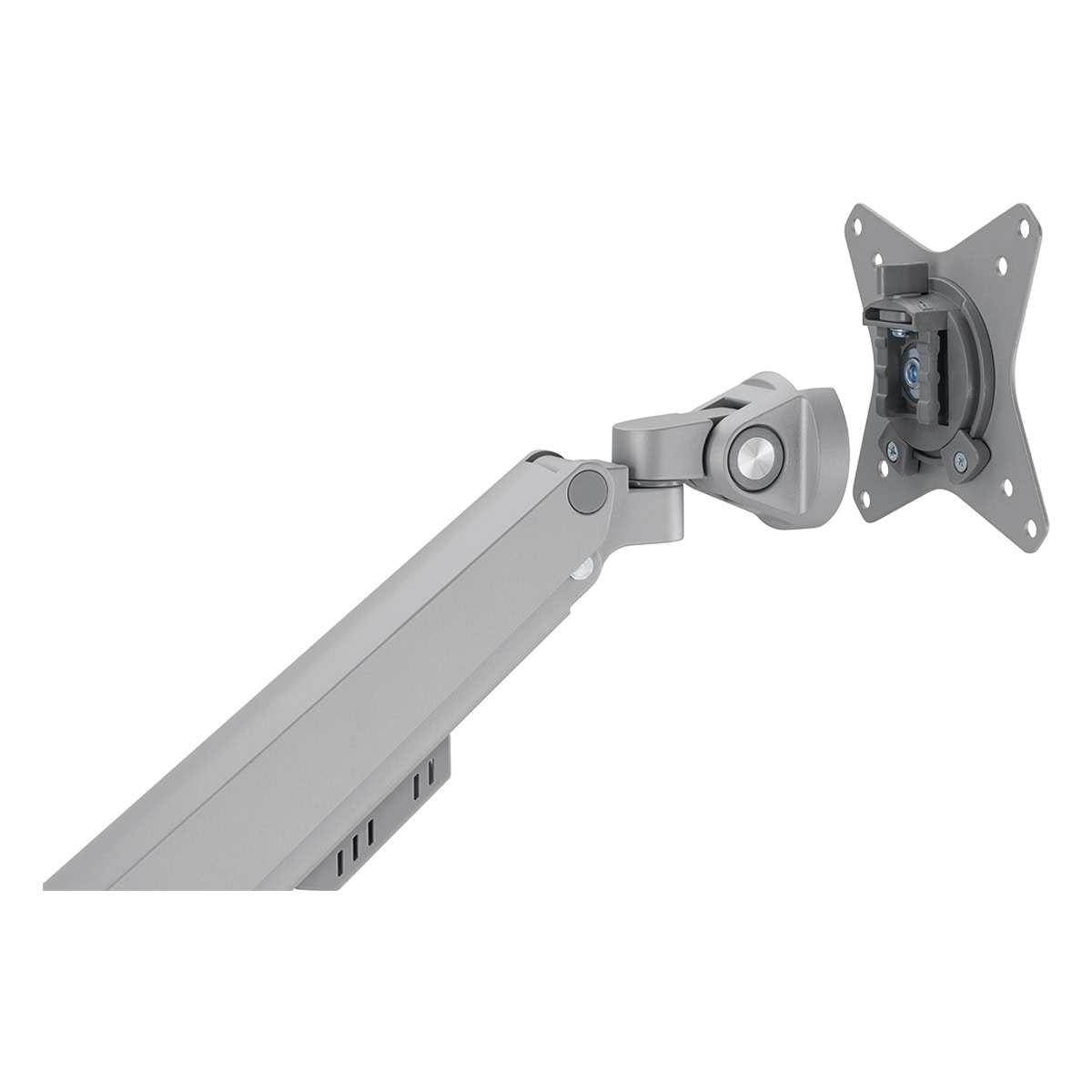 Gümüş monitör kolu aparatı, beyaz zeminde izole edilmiş.
