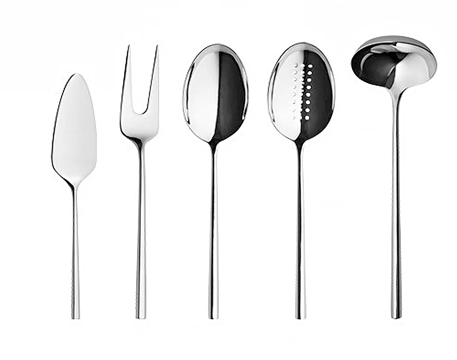 Beş cilalı metal mutfak gereci: pasta sunucusu, çatal, kaşık, delikli kaşık, kepçe.