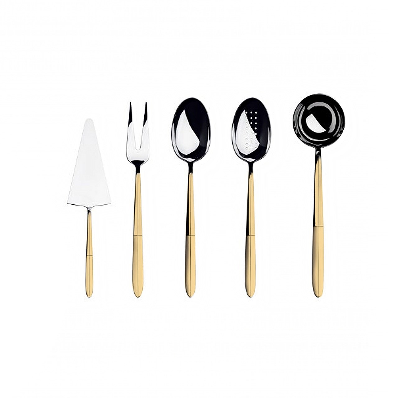 Altın saplı bir pasta sunucu, çatal ve üç kaşık.