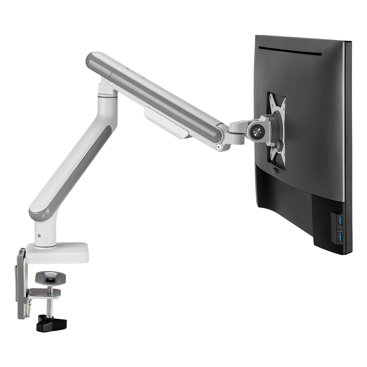 Gümüş renkli monitör kolu, kelepçeli tabanlı ve siyah monitörlü.
