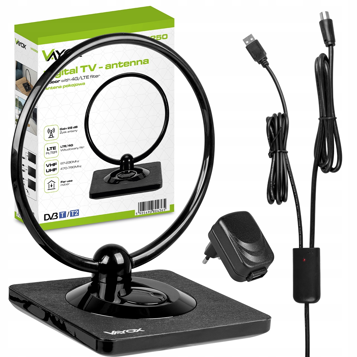 Czarny zestaw antenowy DVB-T2 z kablami i zasilaczem.