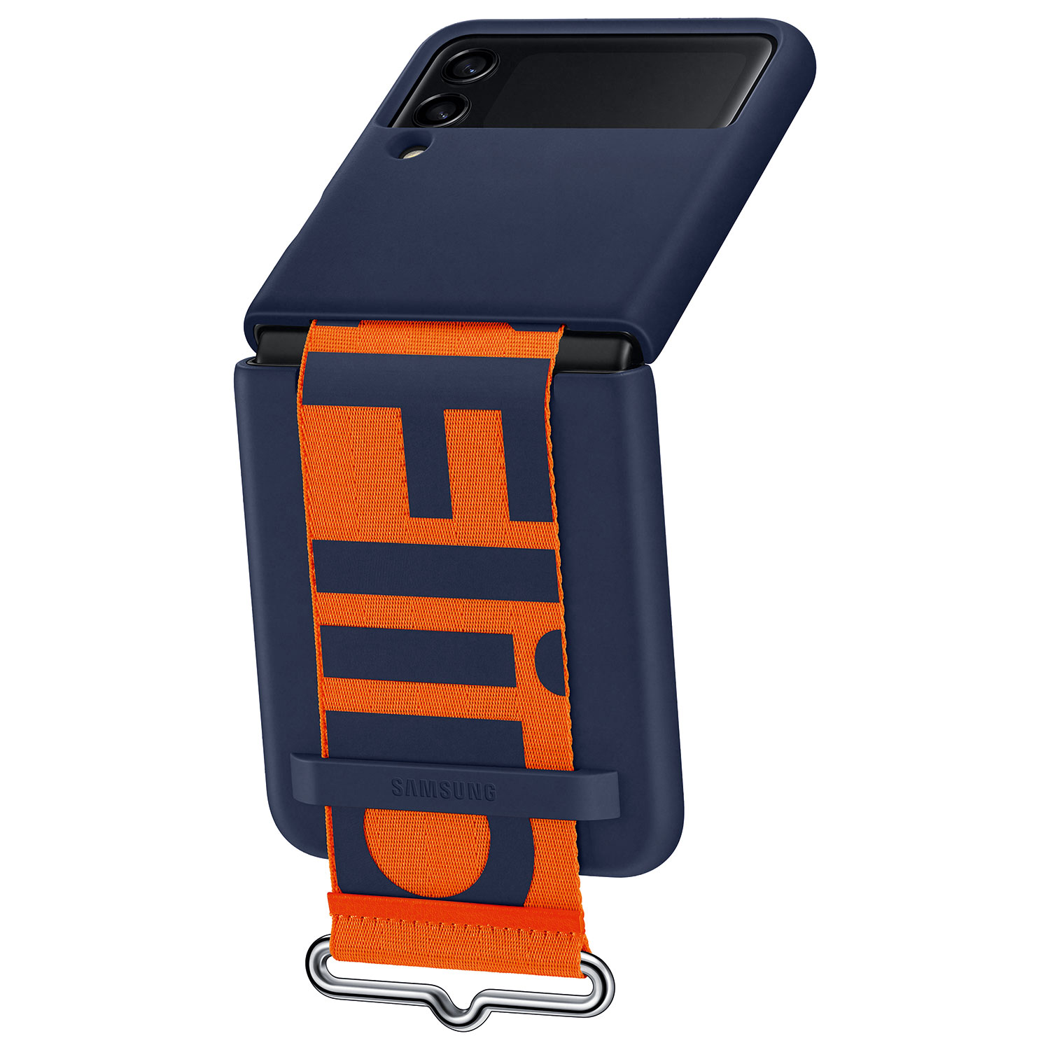 Dunkelblauer Flip-Phone-Case mit orangefarbenem Band und Schriftzug.