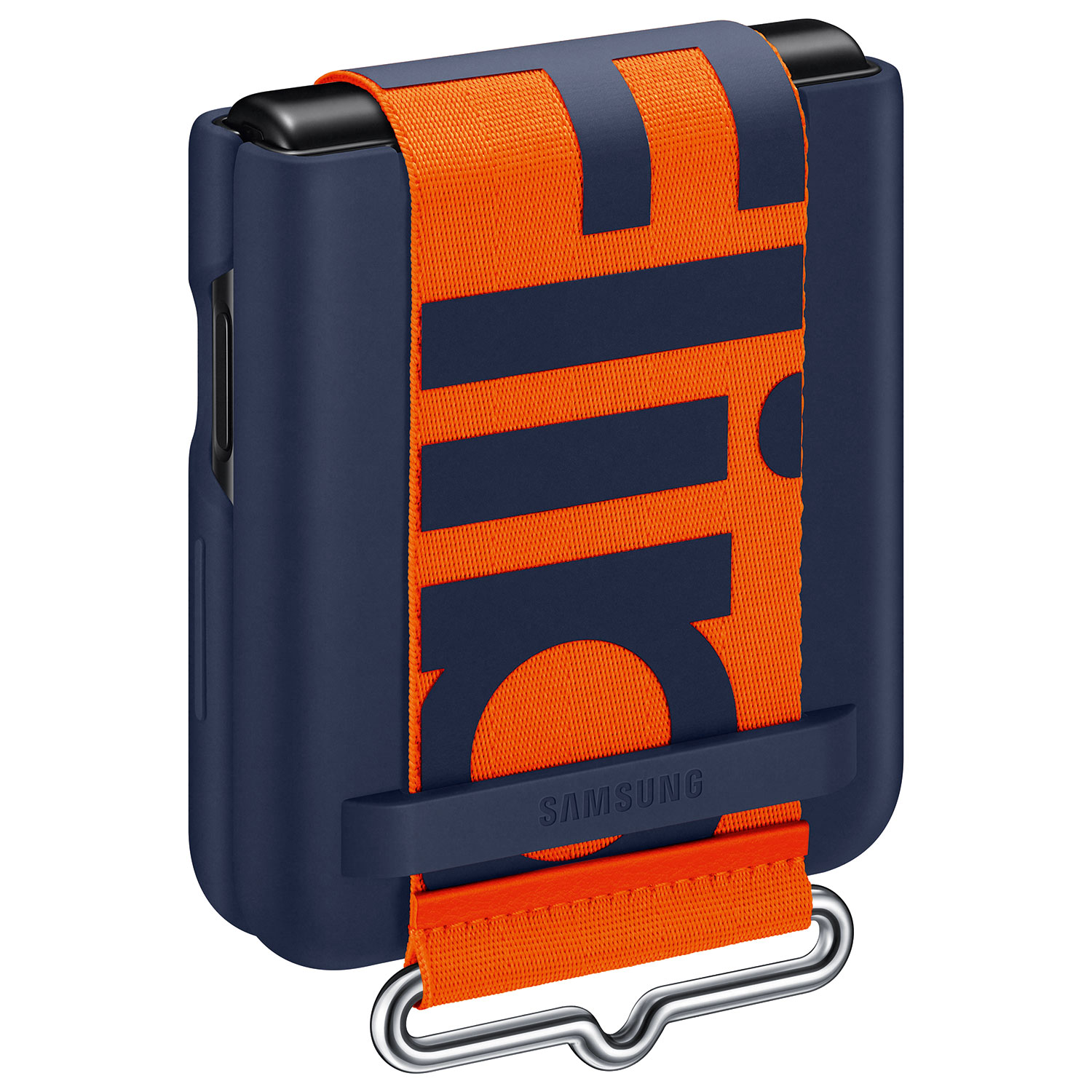 Dunkelblaue Handyhülle mit orangefarbenem Band und Schriftzug.