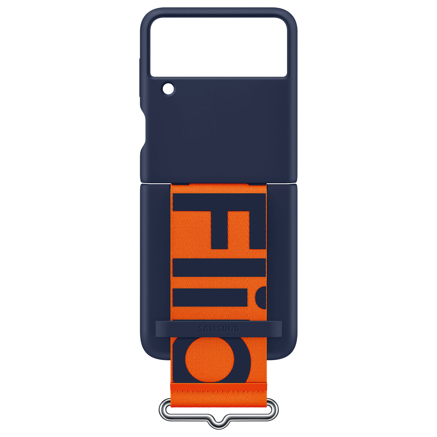 Dunkelblaue Handyhülle mit orangefarbenem Riemen und weißem Schriftzug.