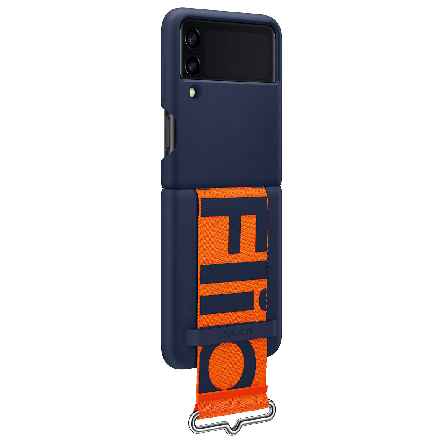 Dunkelblaues Handy mit orangem Trageriemen mit Schriftzug 'FILO'.