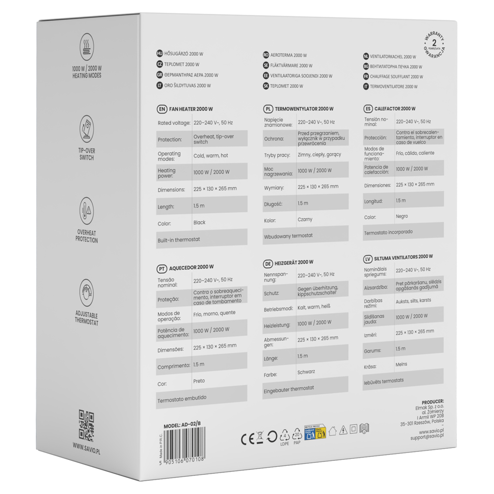Opakowanie grzejnika wentylatorowego 2000W ze szczegółami technicznymi.
