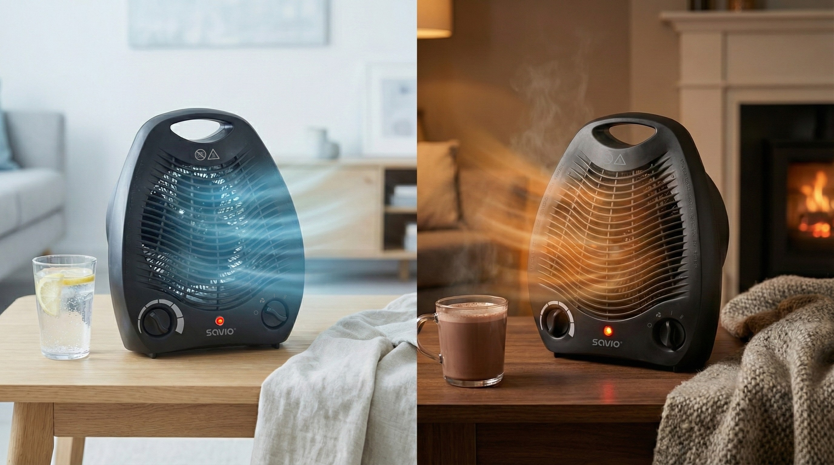 Dwa elektryczne grzejniki wentylatorowe na drewnianych stołach, jeden chłodzi, drugi grzeje.