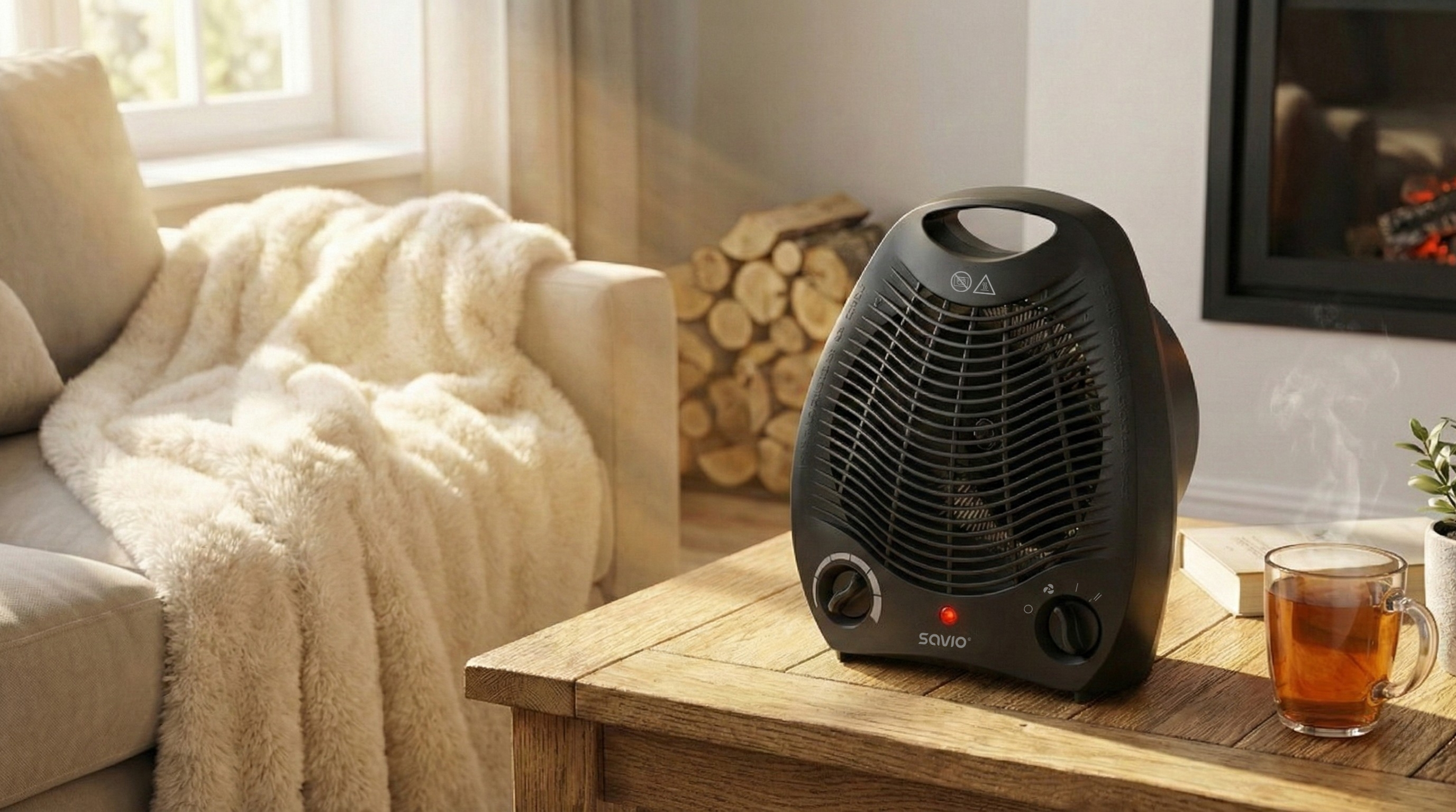 Czarna grzałka wentylatorowa na drewnianym stole obok herbaty i kominka.