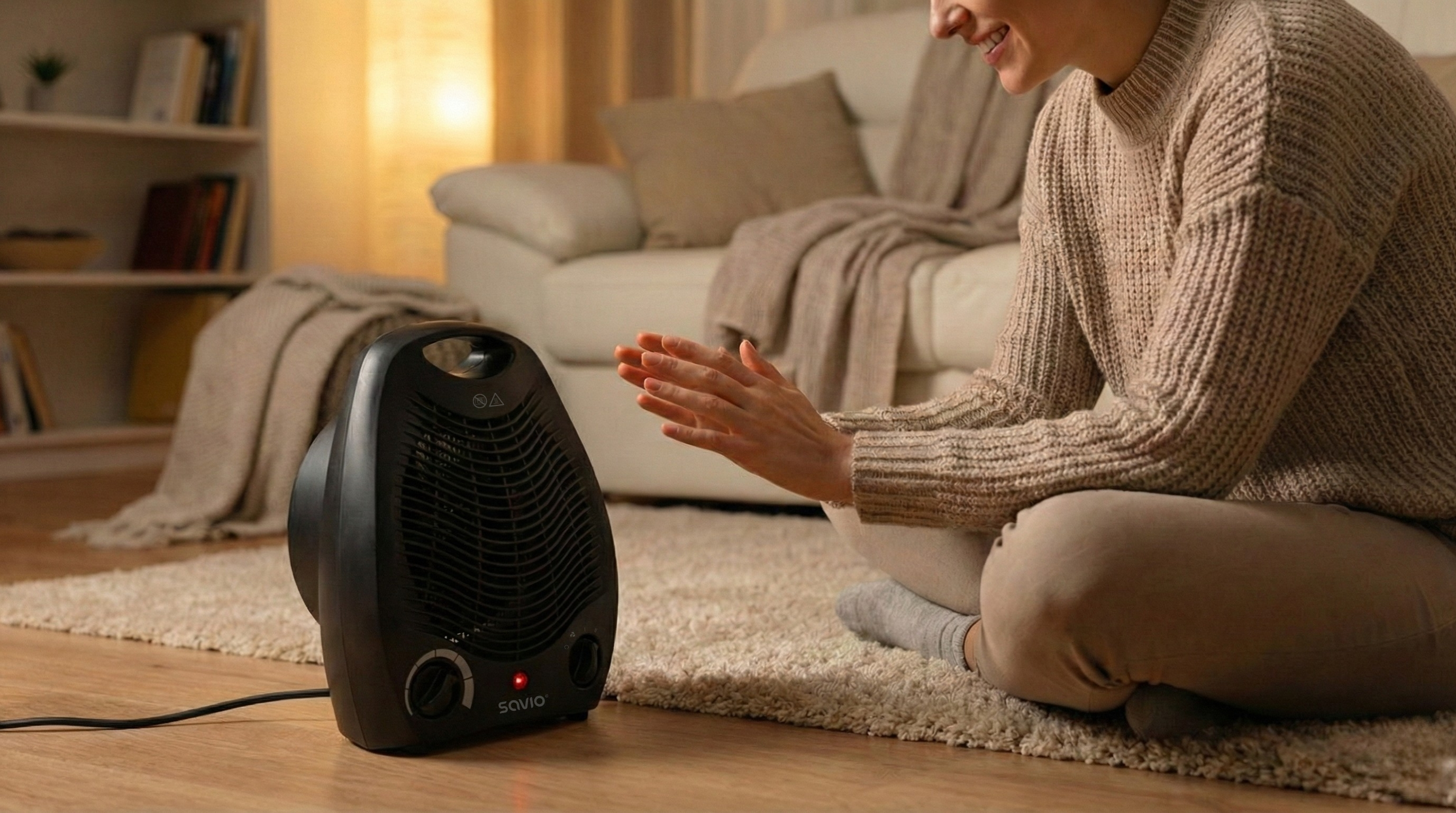 Osoba ogrzewa dłonie przy czarnym grzejniku w salonie.