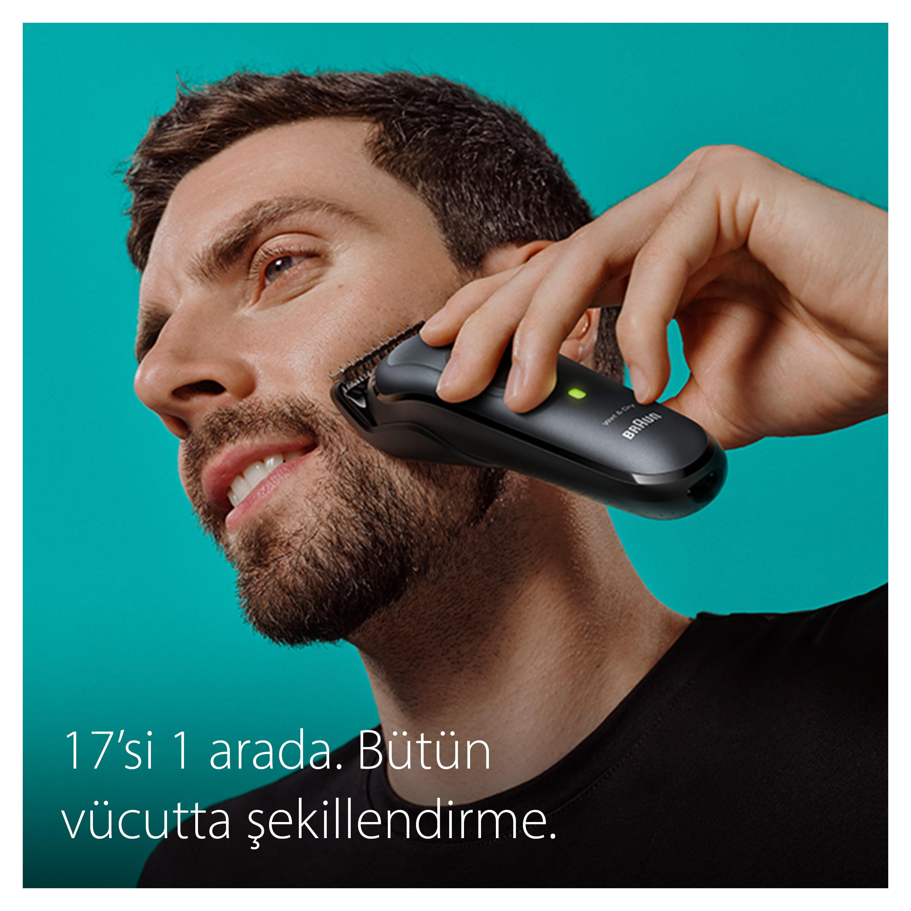 Erkek, turkuaz fon önünde siyah tıraş makinesiyle sakalını düzeltiyor.