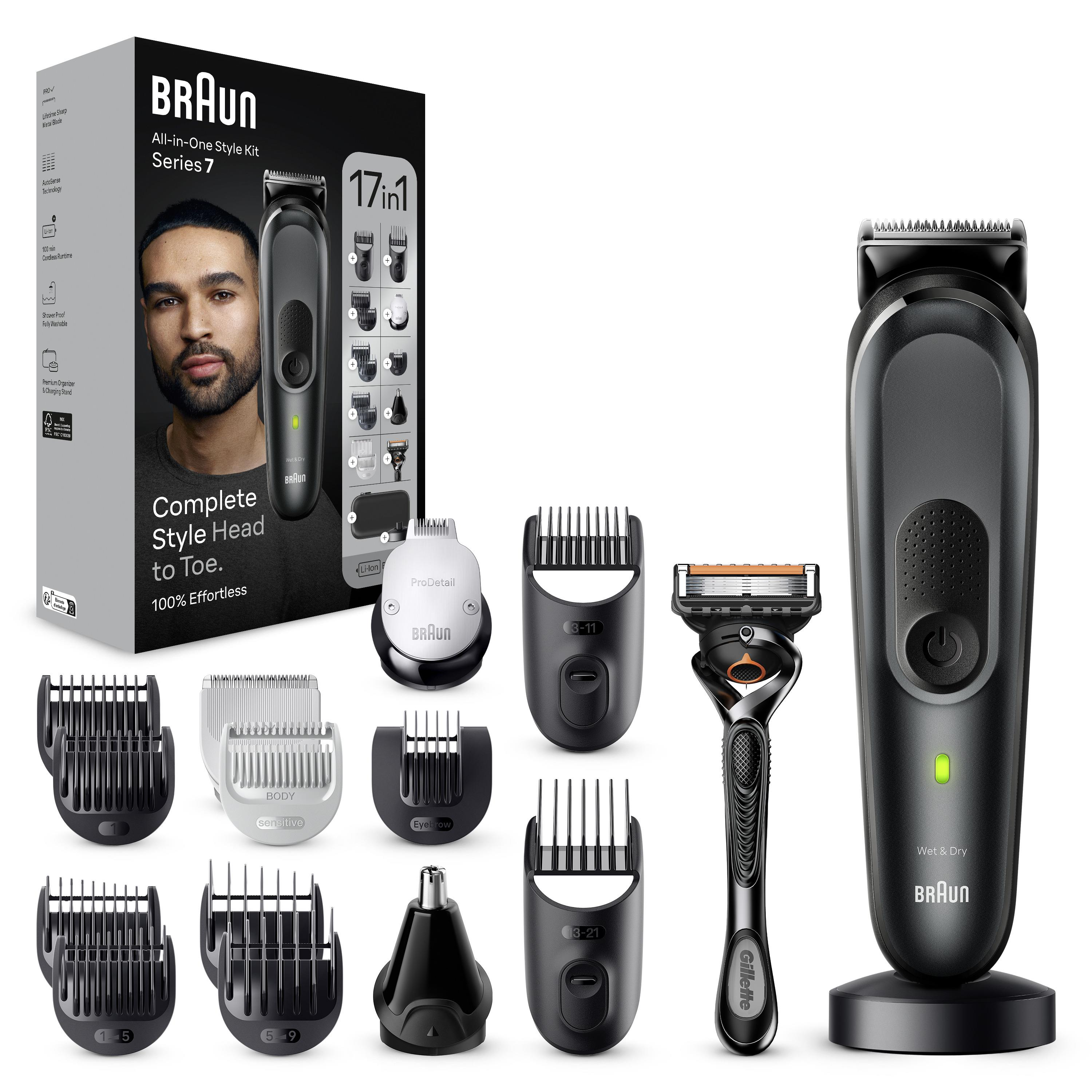 Braun Series 7 Hepsi Bir Arada Stil Kiti, tıraş makinesi, düzeltici aparatları ve şarj standı.