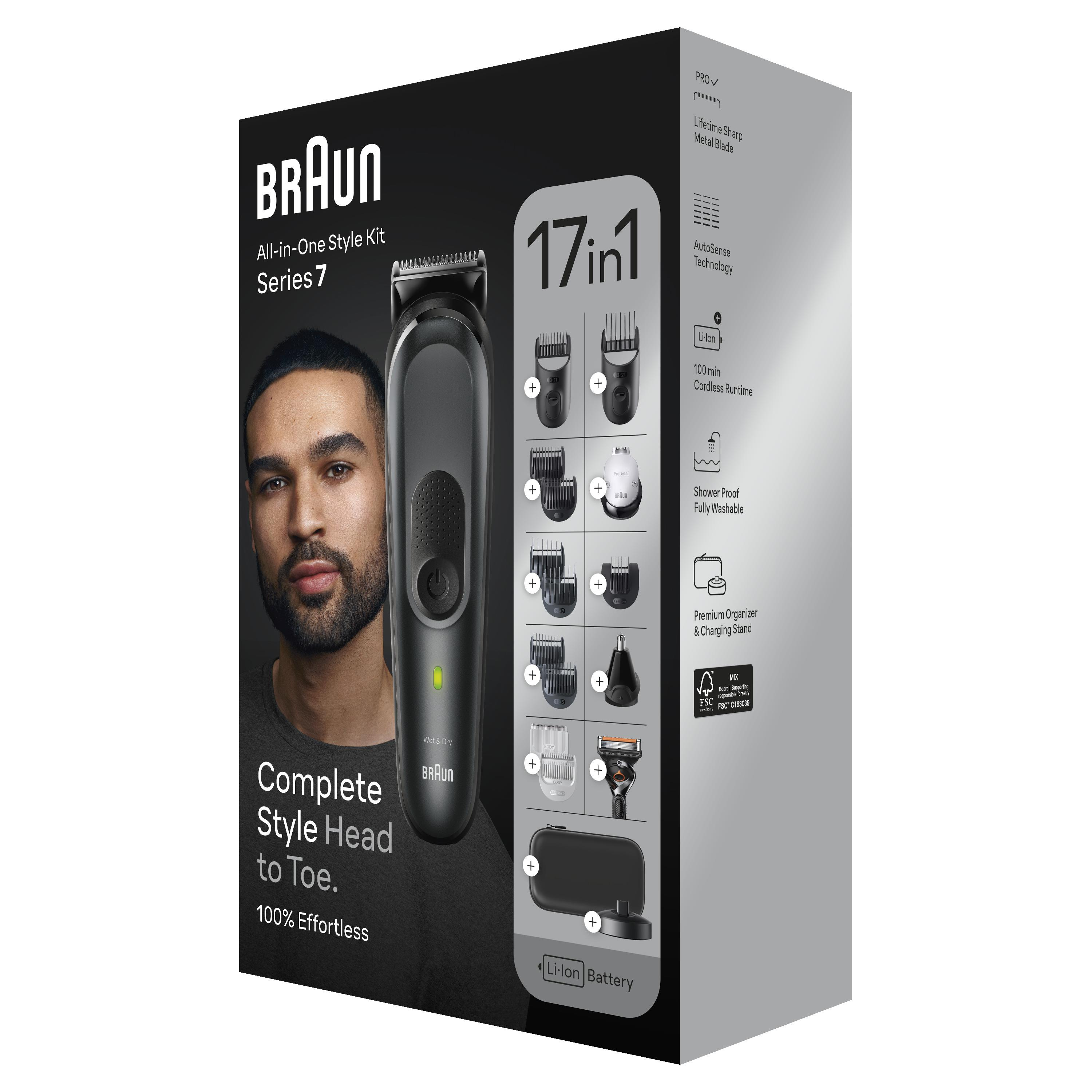 Braun Seri 7 düzeltici ve aksesuarlar, arkada adam.