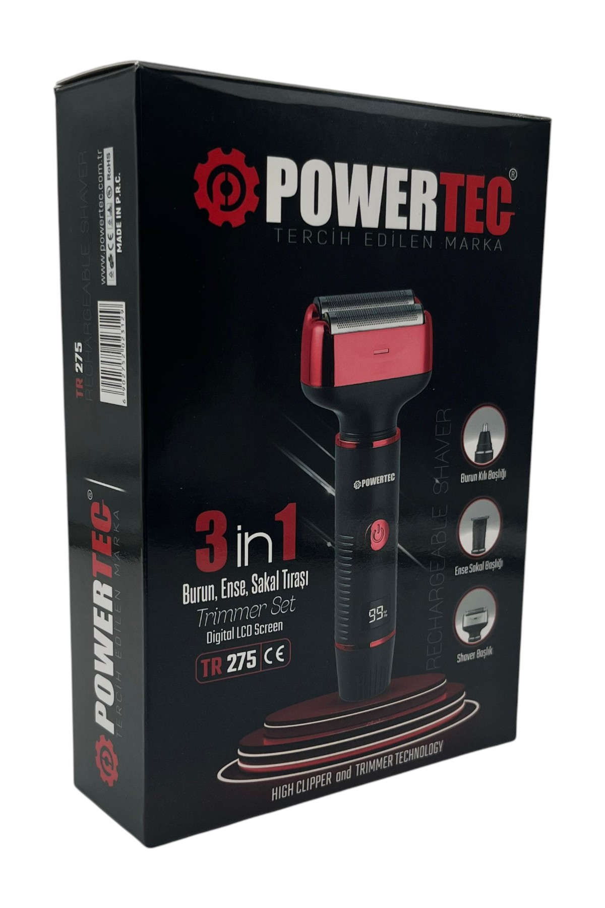 LCD ekranlı kırmızı ve siyah Powertec 3'ü 1 arada tüylıtı tüyııı paketlemesi.