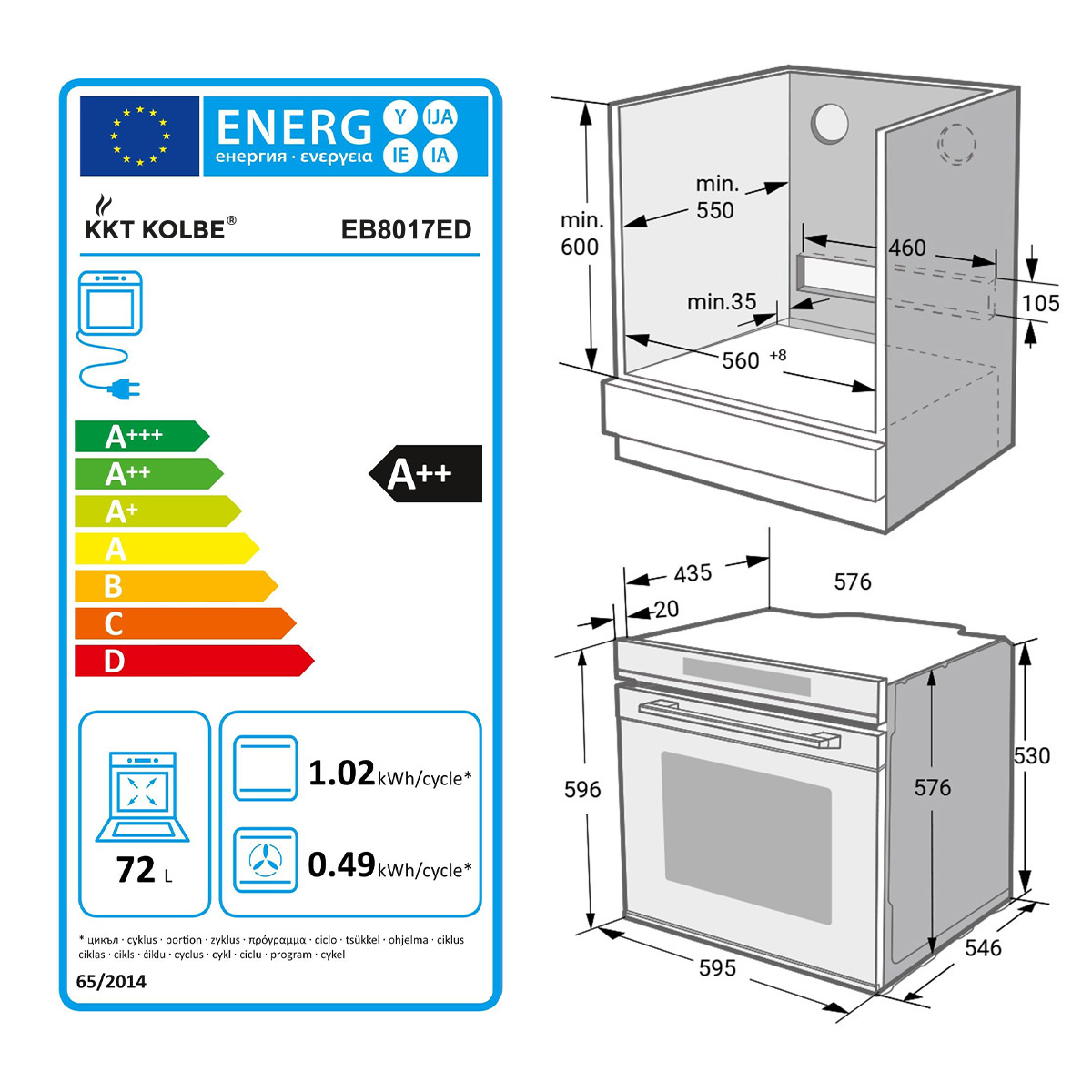 Energielabel eines KKT KOLBE EB8017ED Ofens mit Maßen und Energieeffizienzklasse A++.