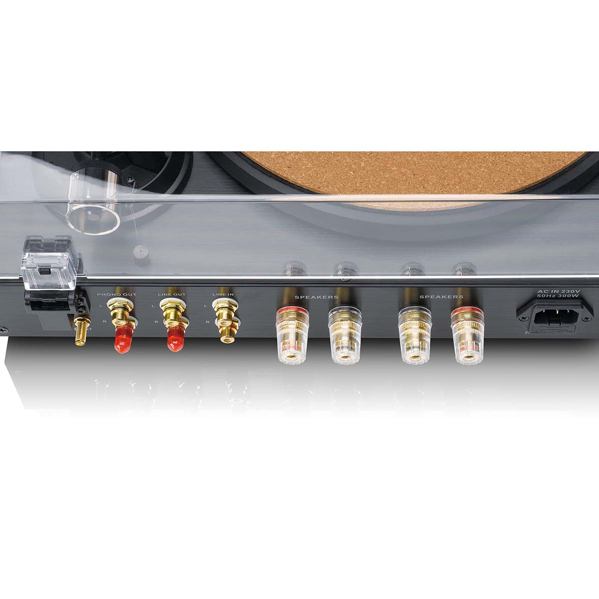 Tylny panel gramofonu z wejściami phono/line i wyjściami głośnikowymi.