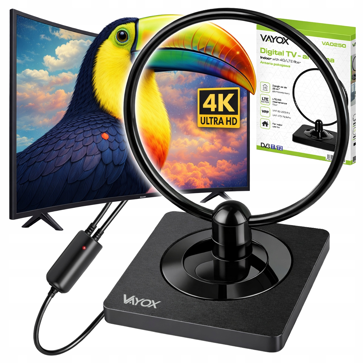 Czarny stojak anteny TV Vayox z czarnym pierścieniem przed telewizorem 4K pokazującym tukana.