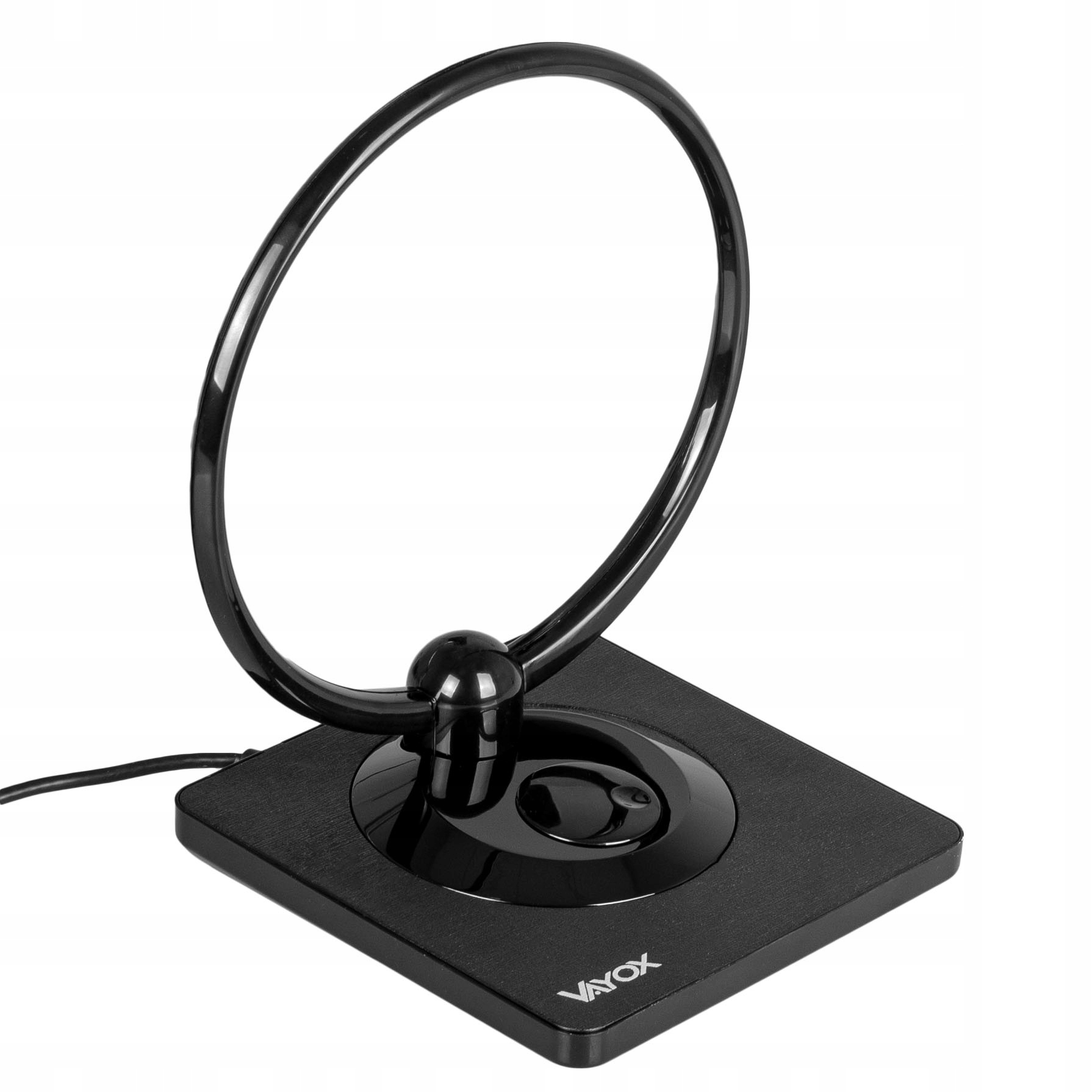 Czarna antena pętlowa z kwadratową podstawą i logo Vayox.