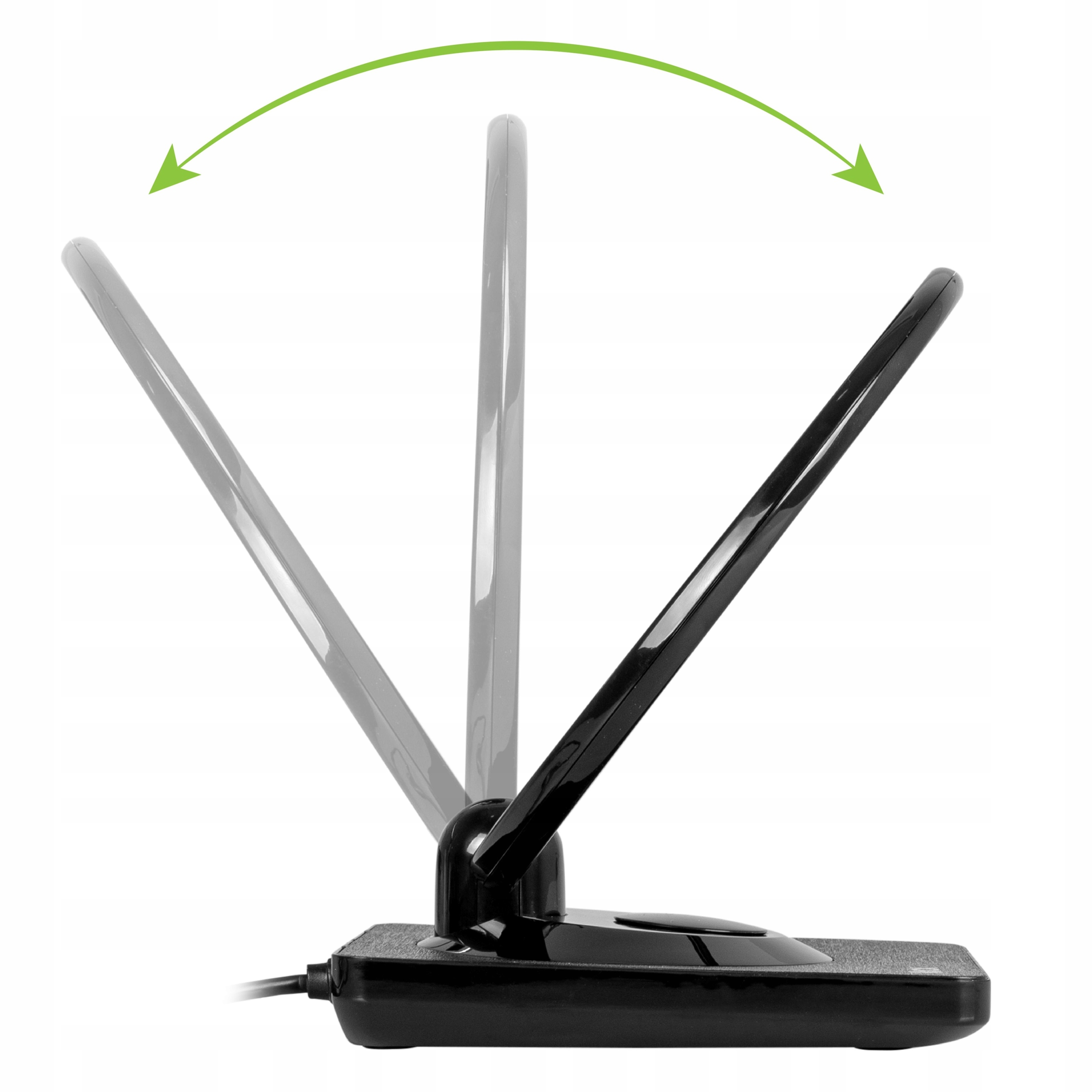 Czarna podstawa anteny z regulowanym ramieniem, pokazana w wielu pozycjach.