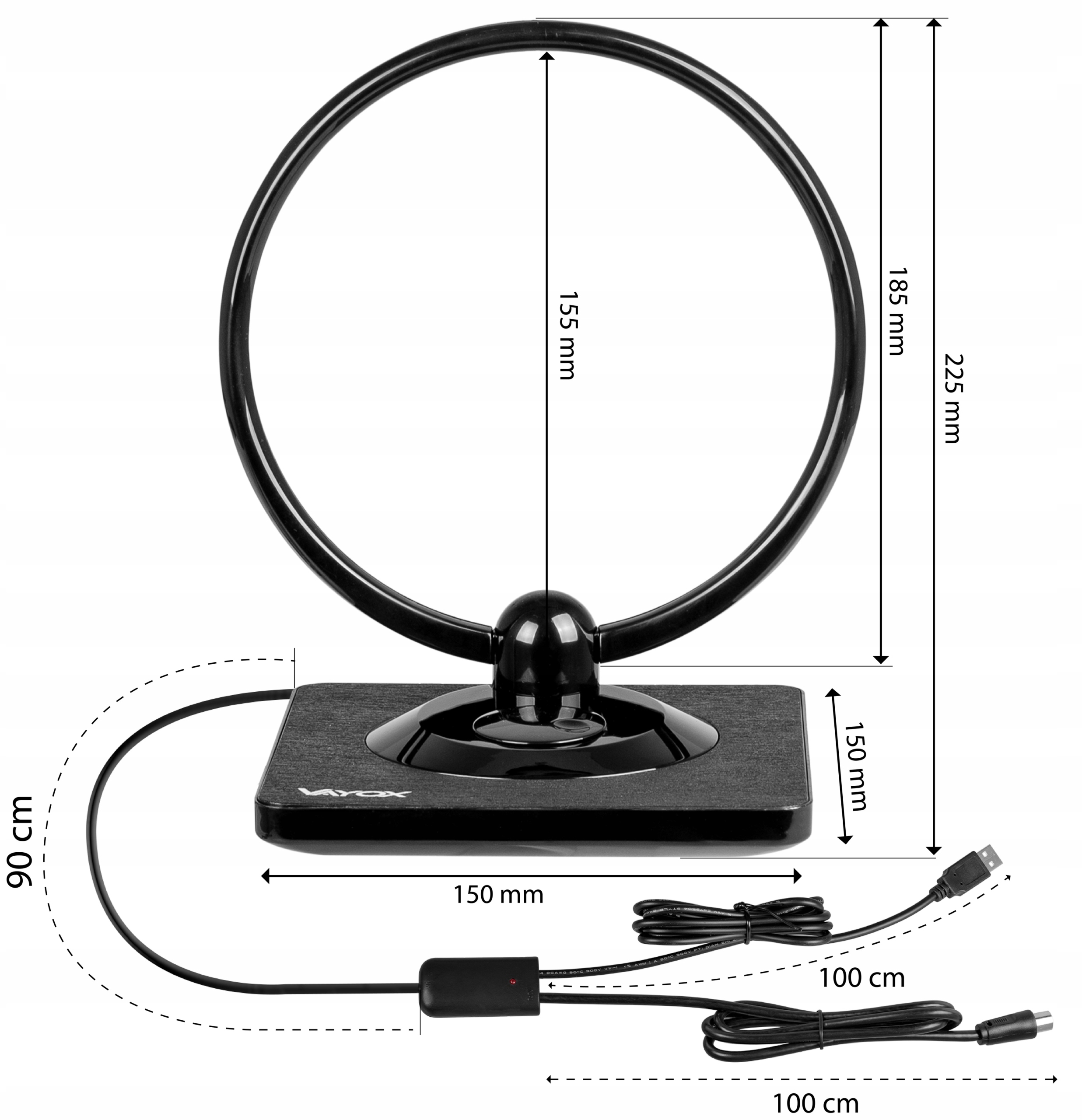 Czarna podstawa anteny z czarnym pierścieniem, z wymiarami i kablami.