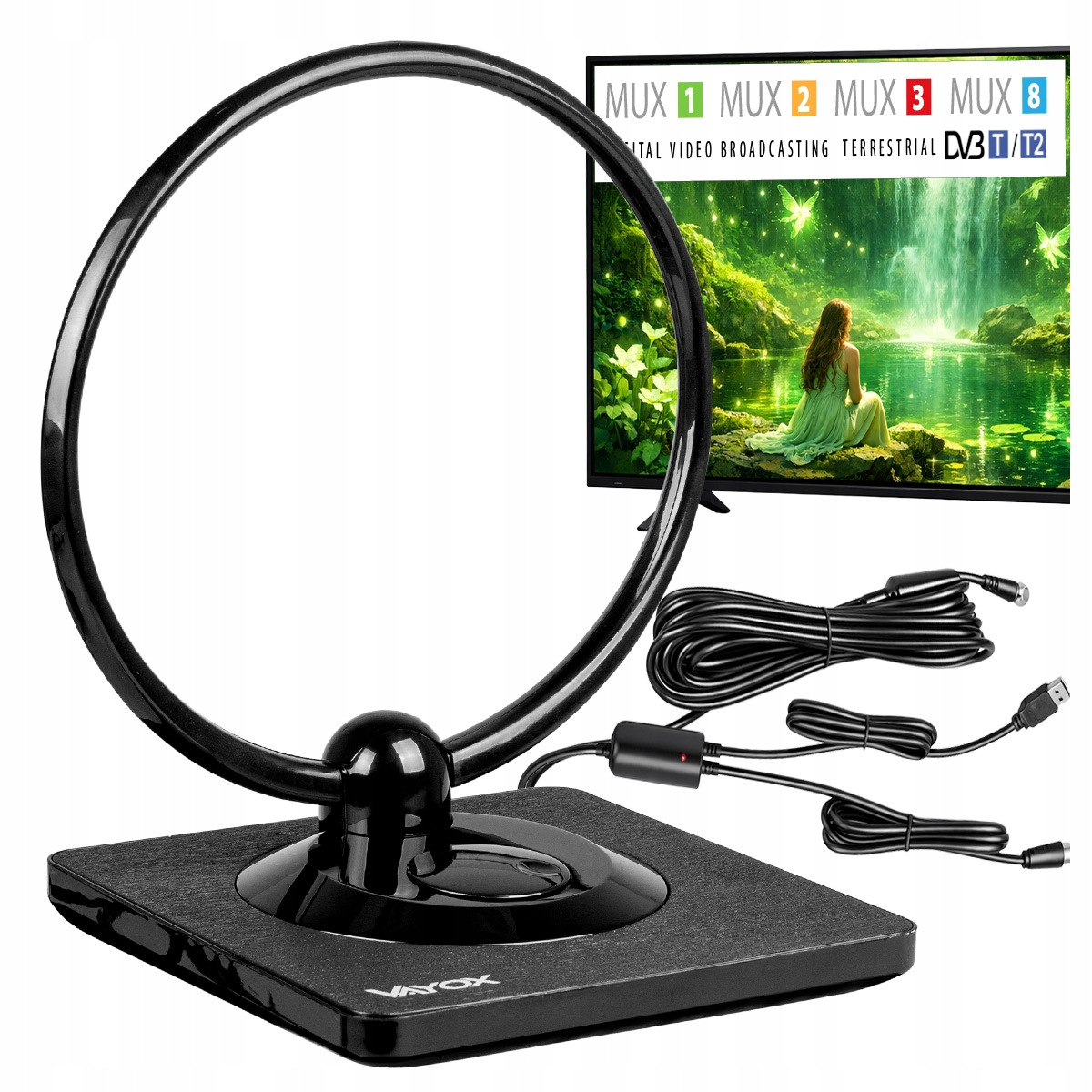 Czarna podstawa anteny TV z anteną pierścieniową i kablami, obok telewizora z widokiem.